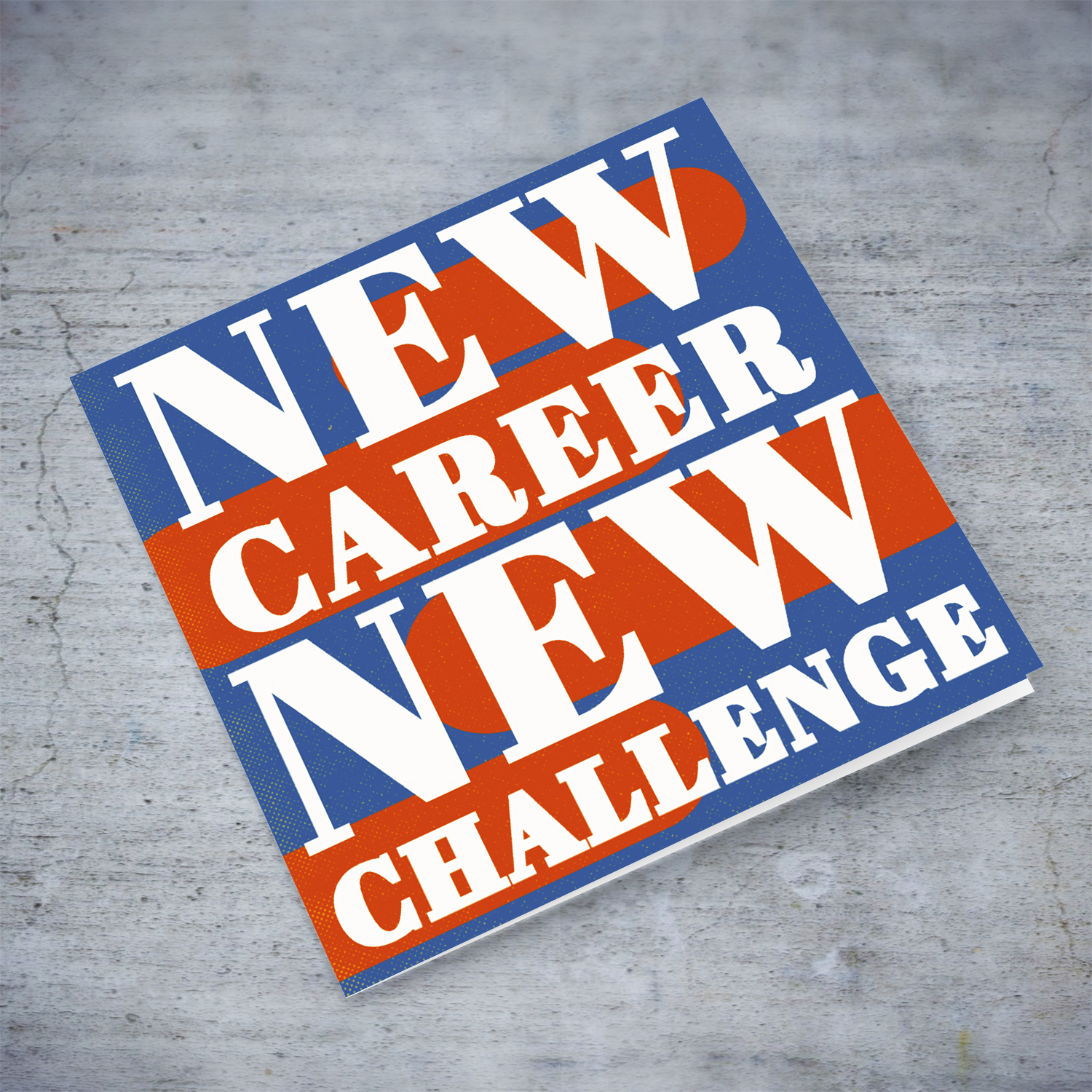 Good luck card for new career new challenge - in bright energetic background in blue and orange in English