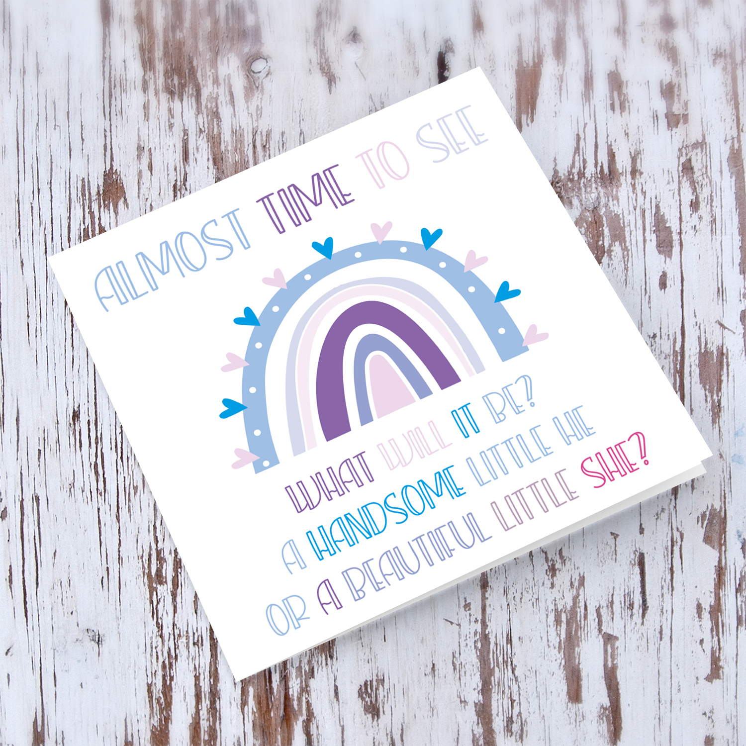 Almost time to see - Gender reveal rainbow themed card in English