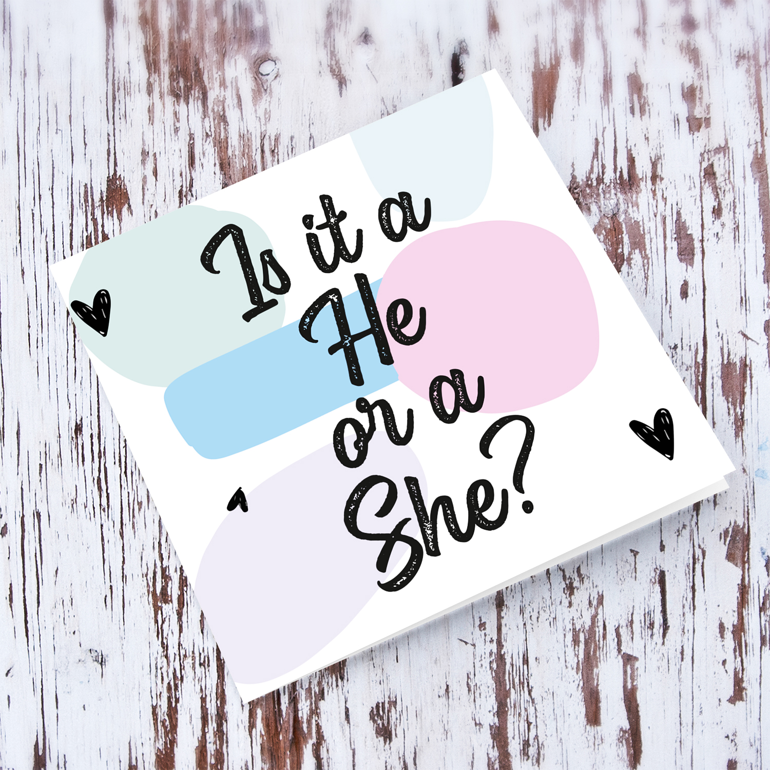 Colourful and fun gender reveal card with colourful background in Egnlish