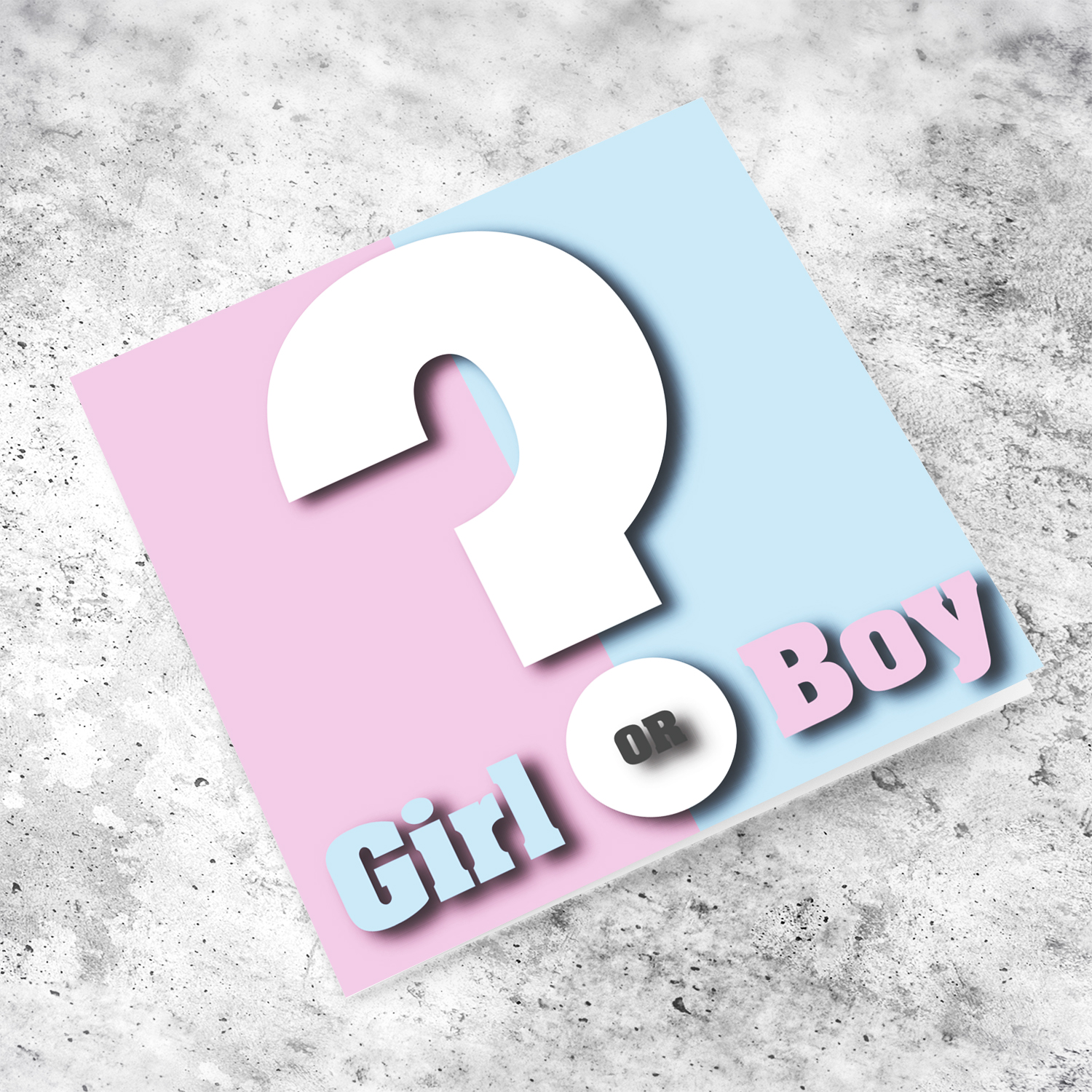 Girl or boy with a big question mark gender reveal card in English