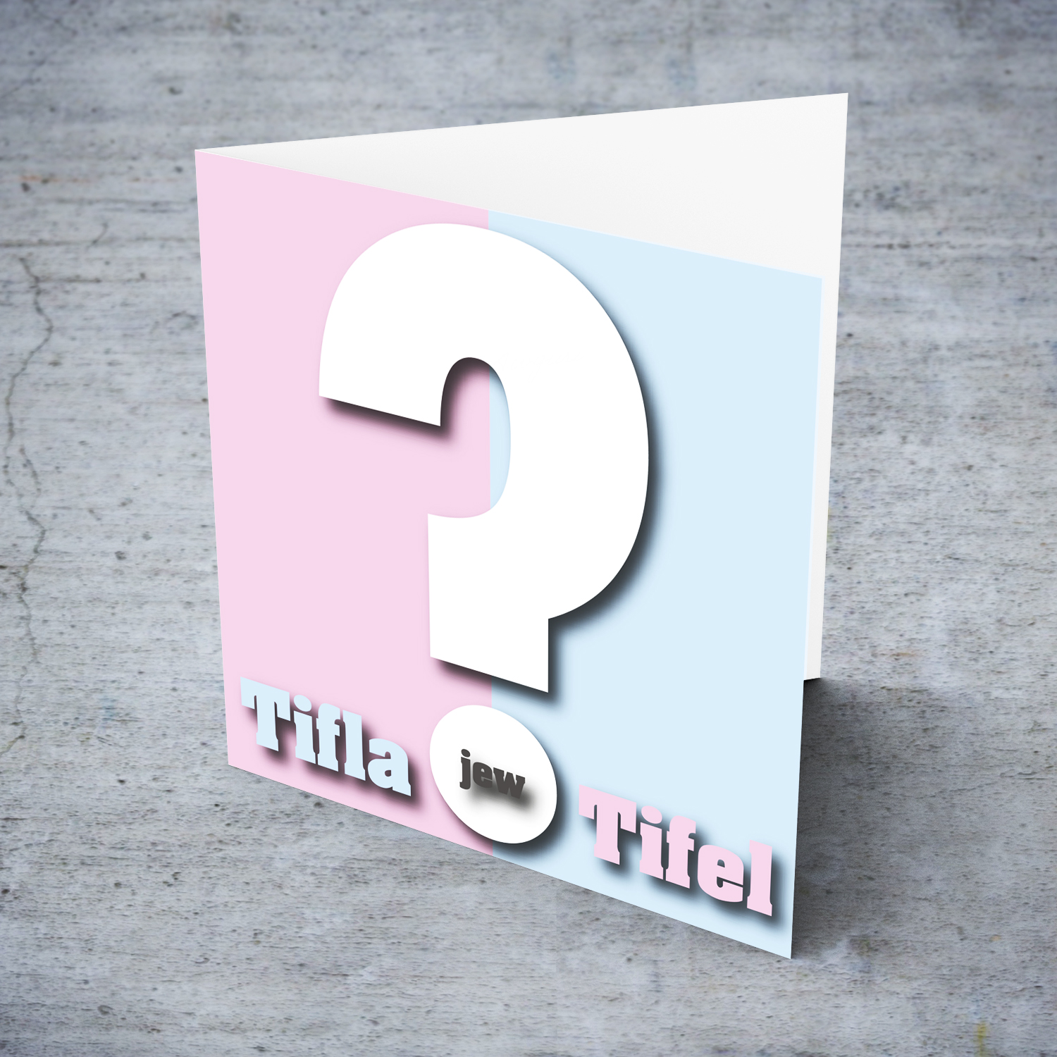 Girl or boy with a big question mark gender reveal card in Maltese