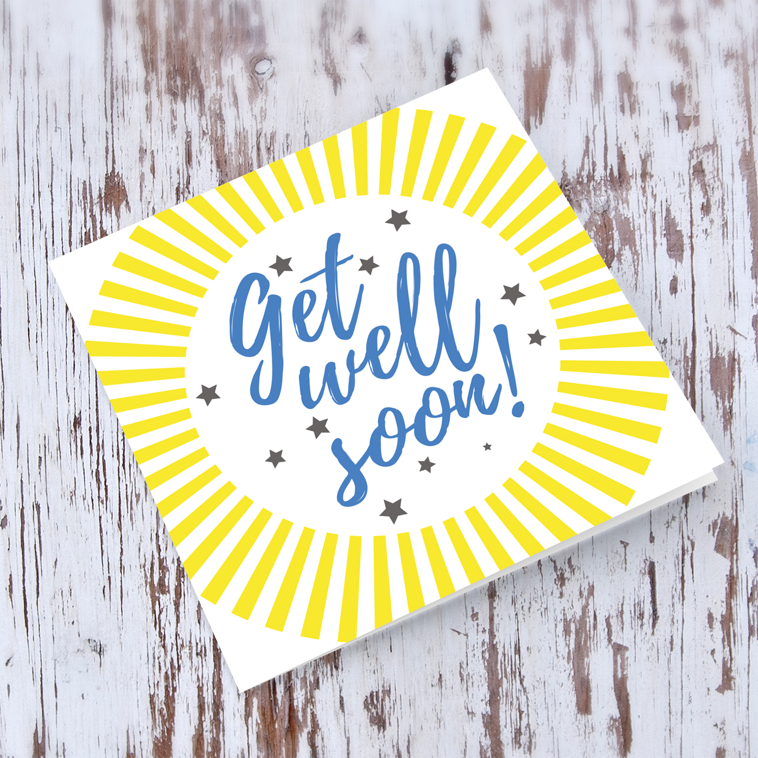 Yellow striped background with stars get well soon card in English