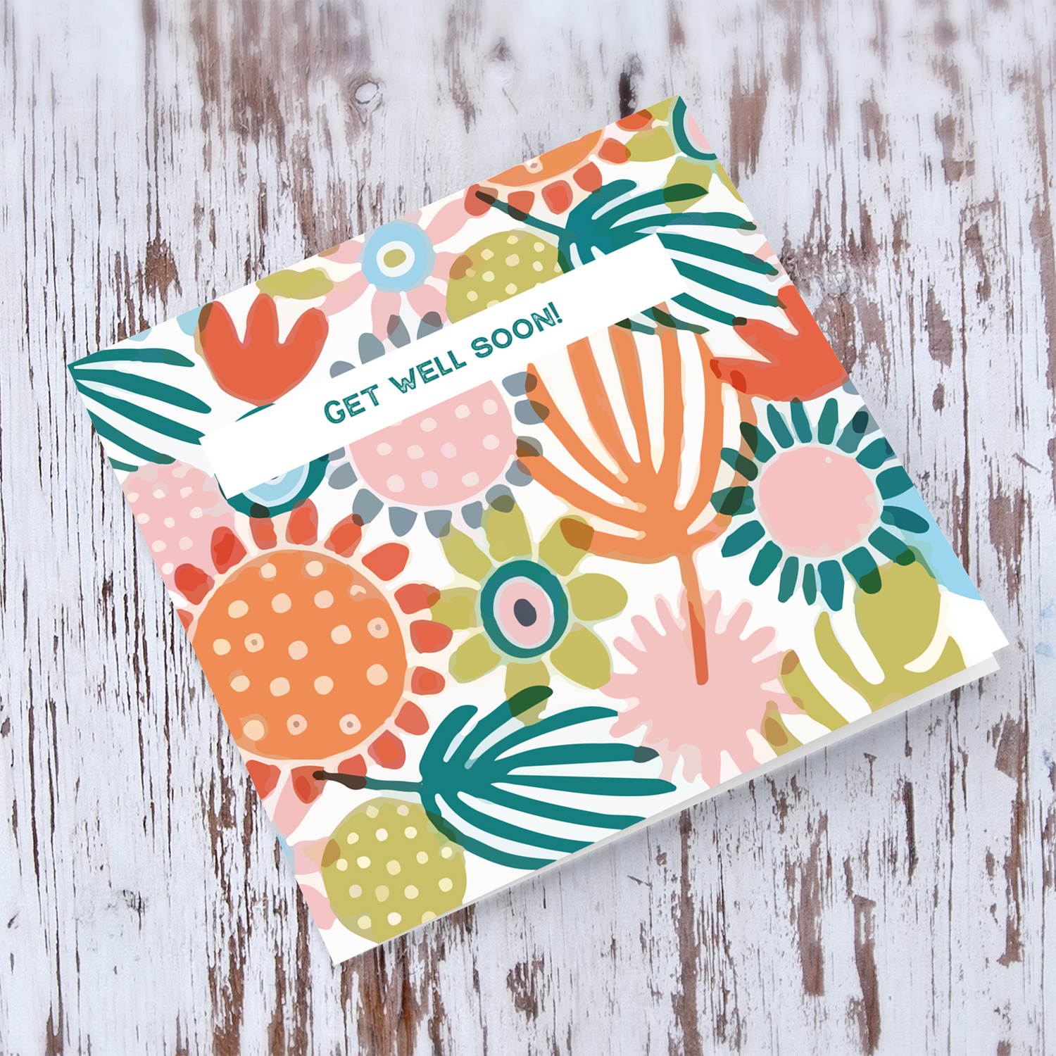 Colourful floral background get well soon card in English!