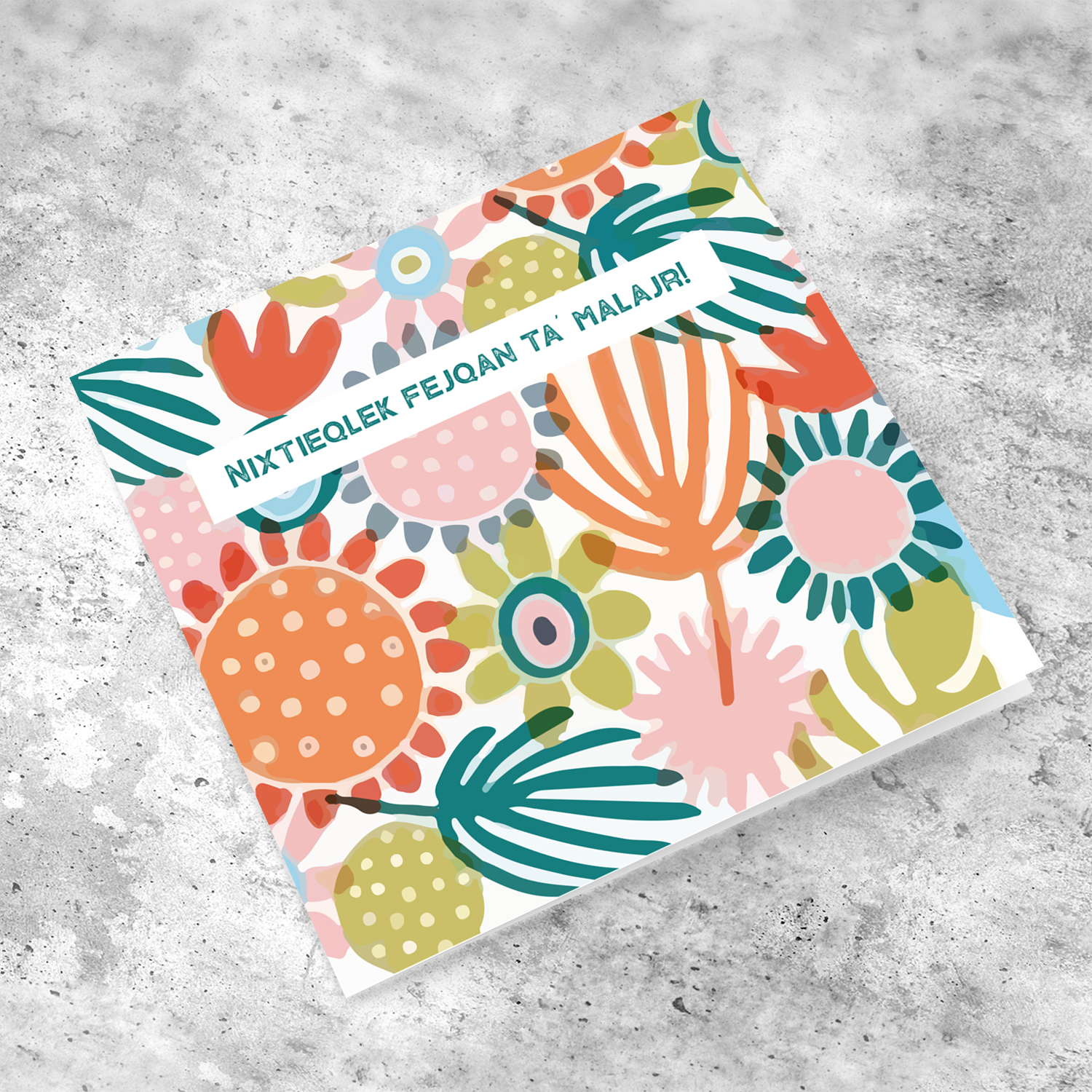 Colourful floral background get well soon card in Maltese!