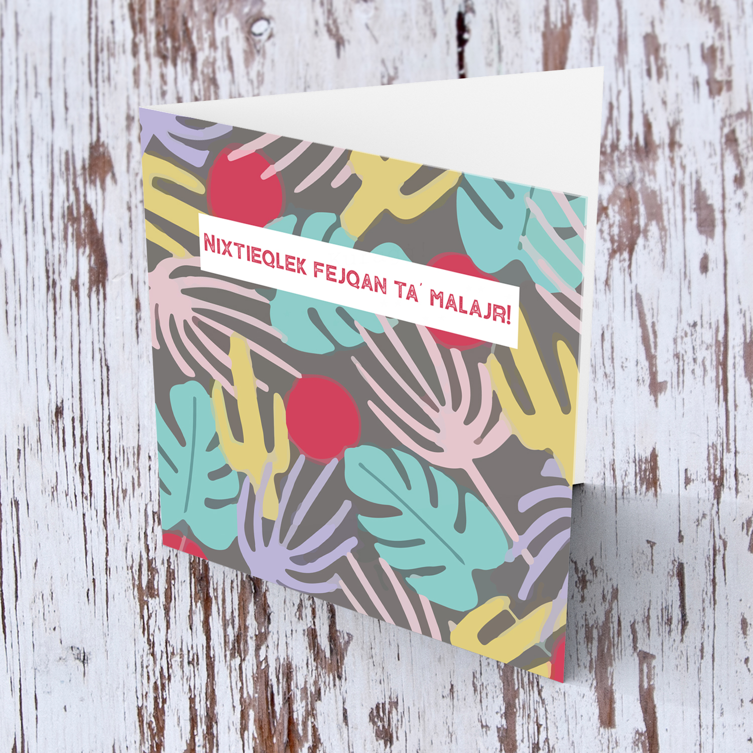 Colourful leaves and cactus background get well soon card in Maltese