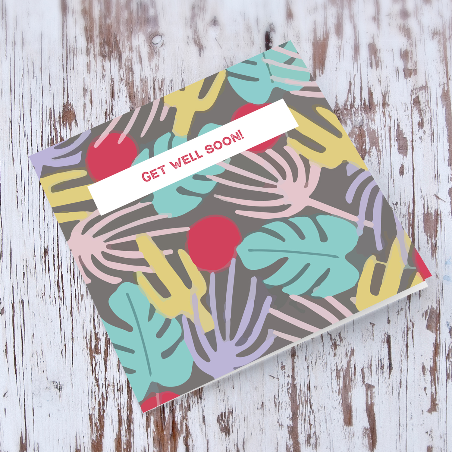 Colourful leaves and cactus background get well soon card in English