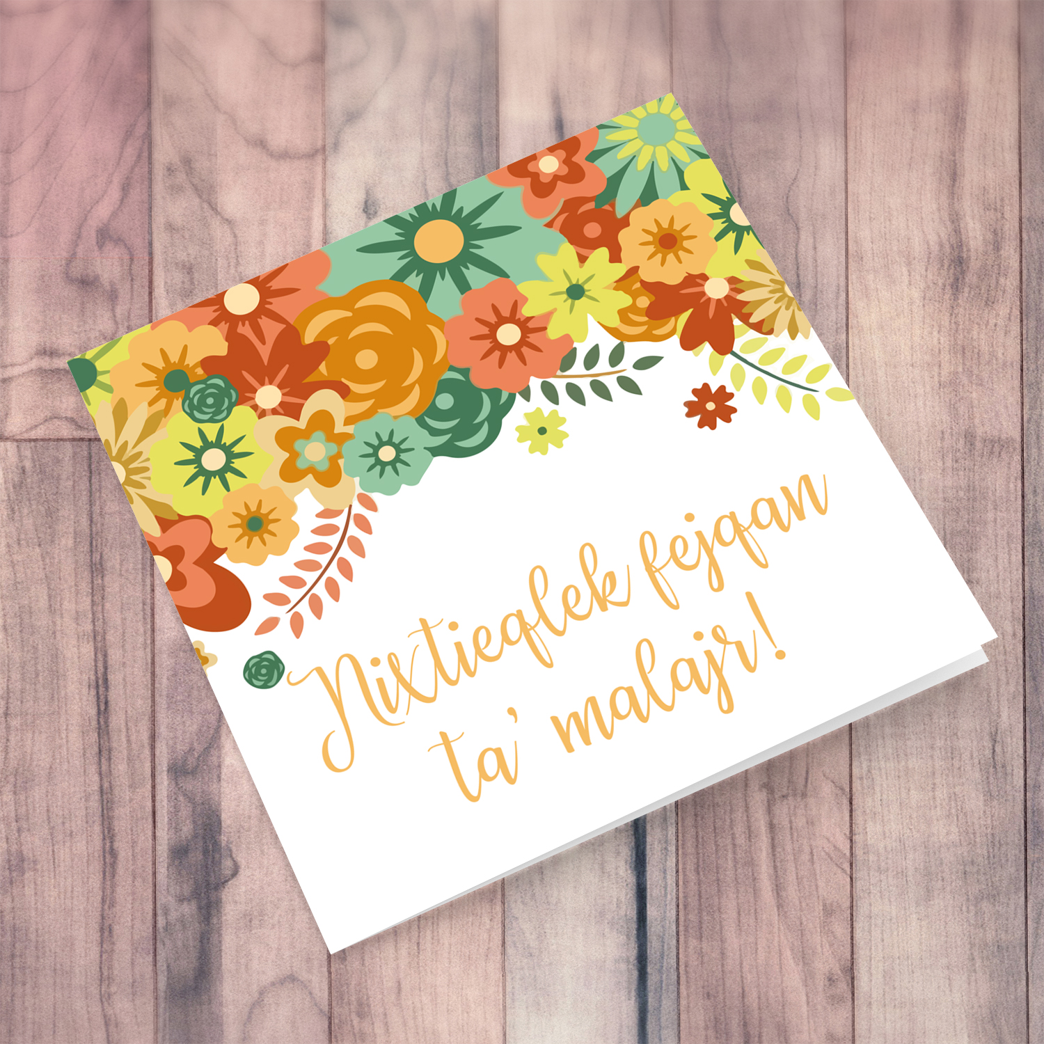 Orange themed flowered card Get well soon card in Maltese
