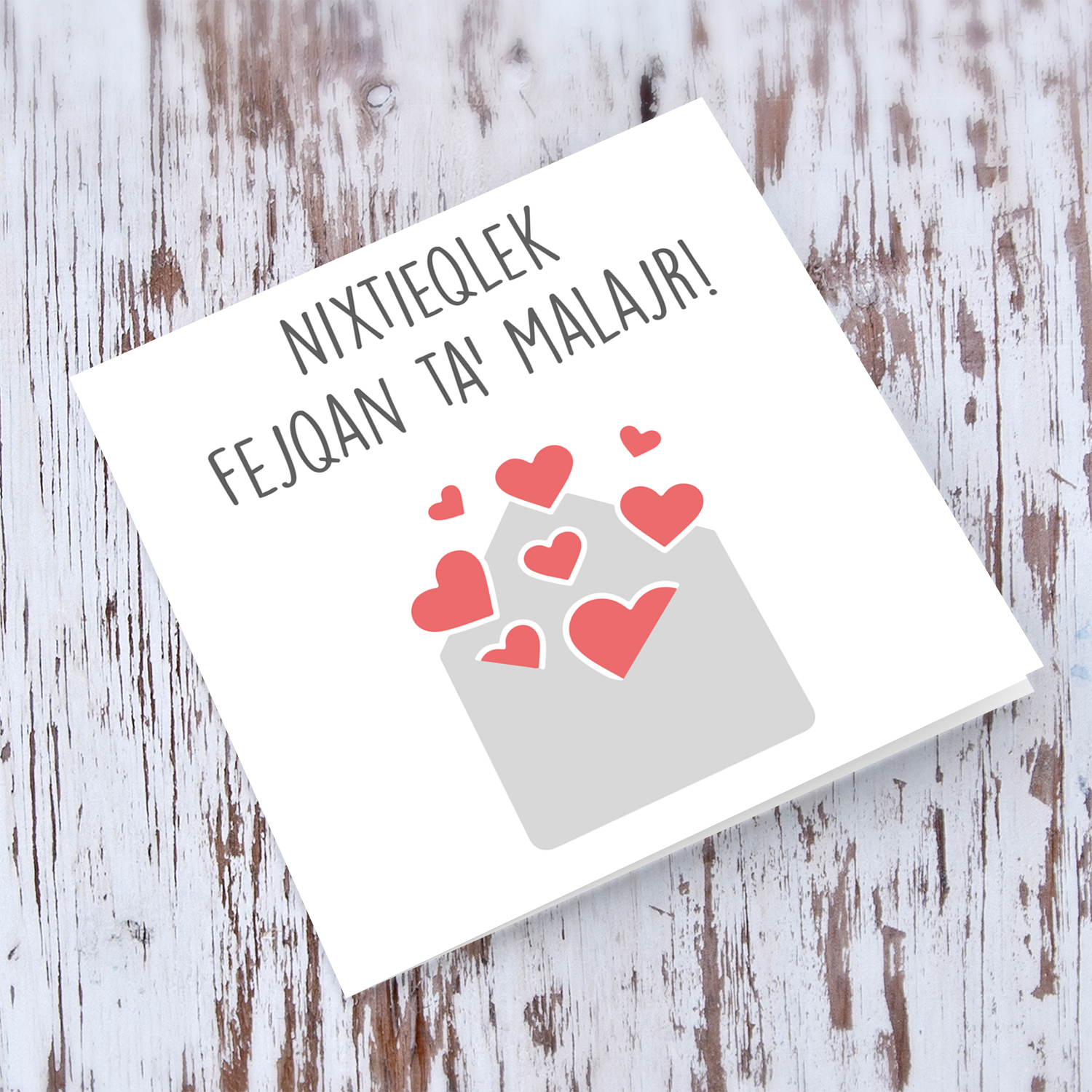 Envelope with hearts coming out get well soon card in Maltese