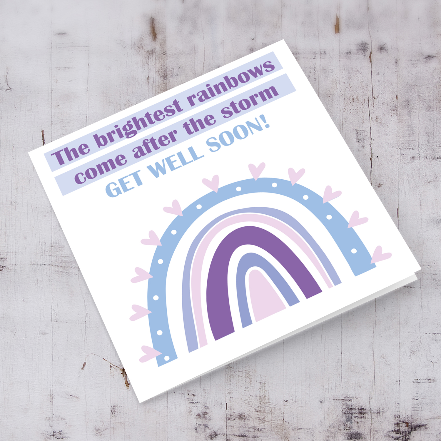 Rainbow themed Get well soon card in English