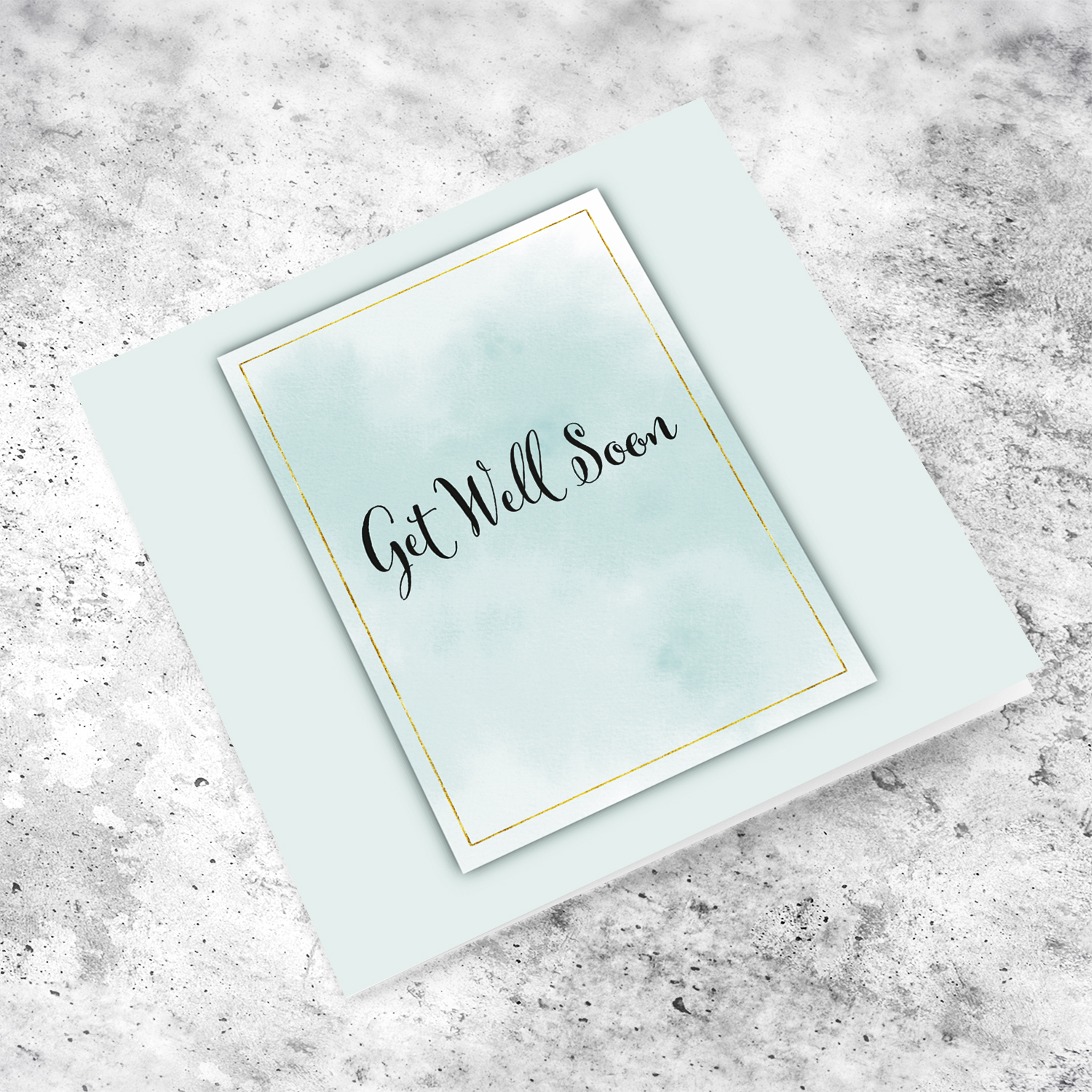 Minimalist get well soon card in light pastel colour and gold border in English