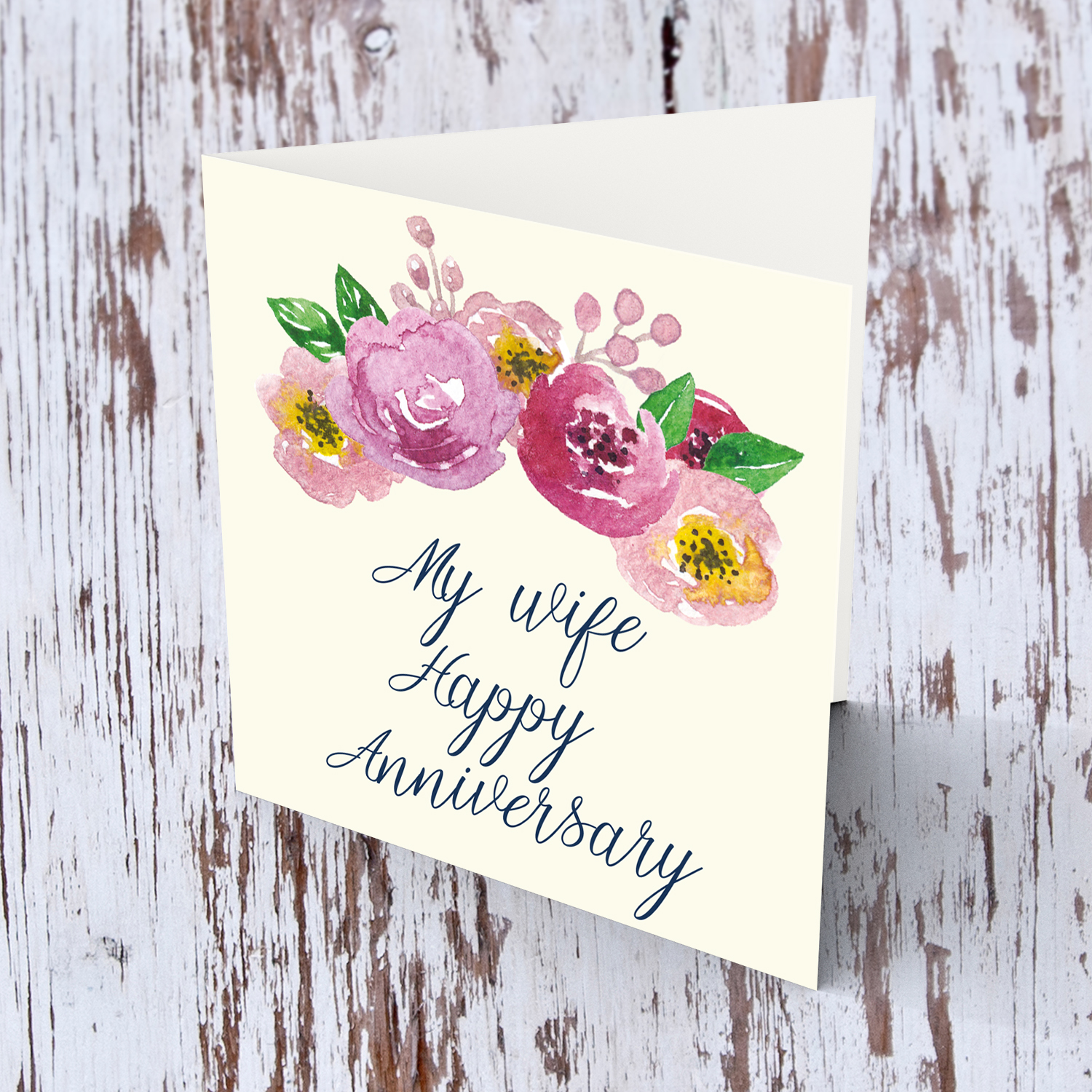 Floral anniversary card for wife in English
