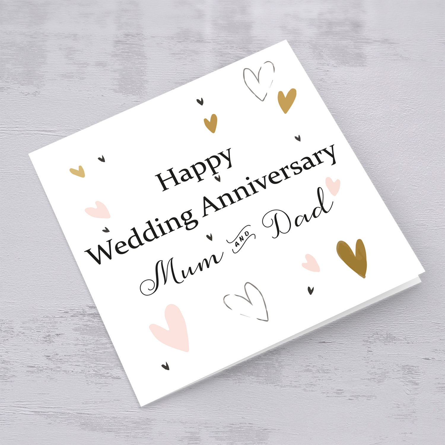 Light pink and gold hearts anniversary cards for Parents