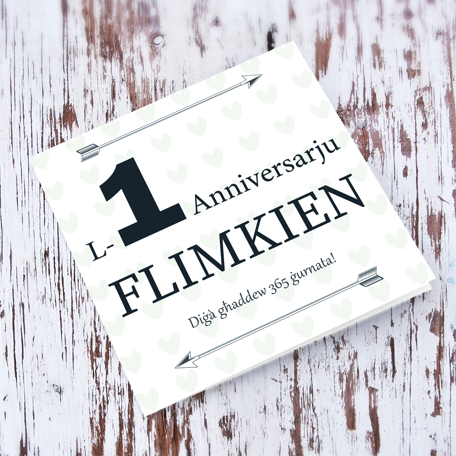 1st Anniversary Card with pastel green hearts in Maltese