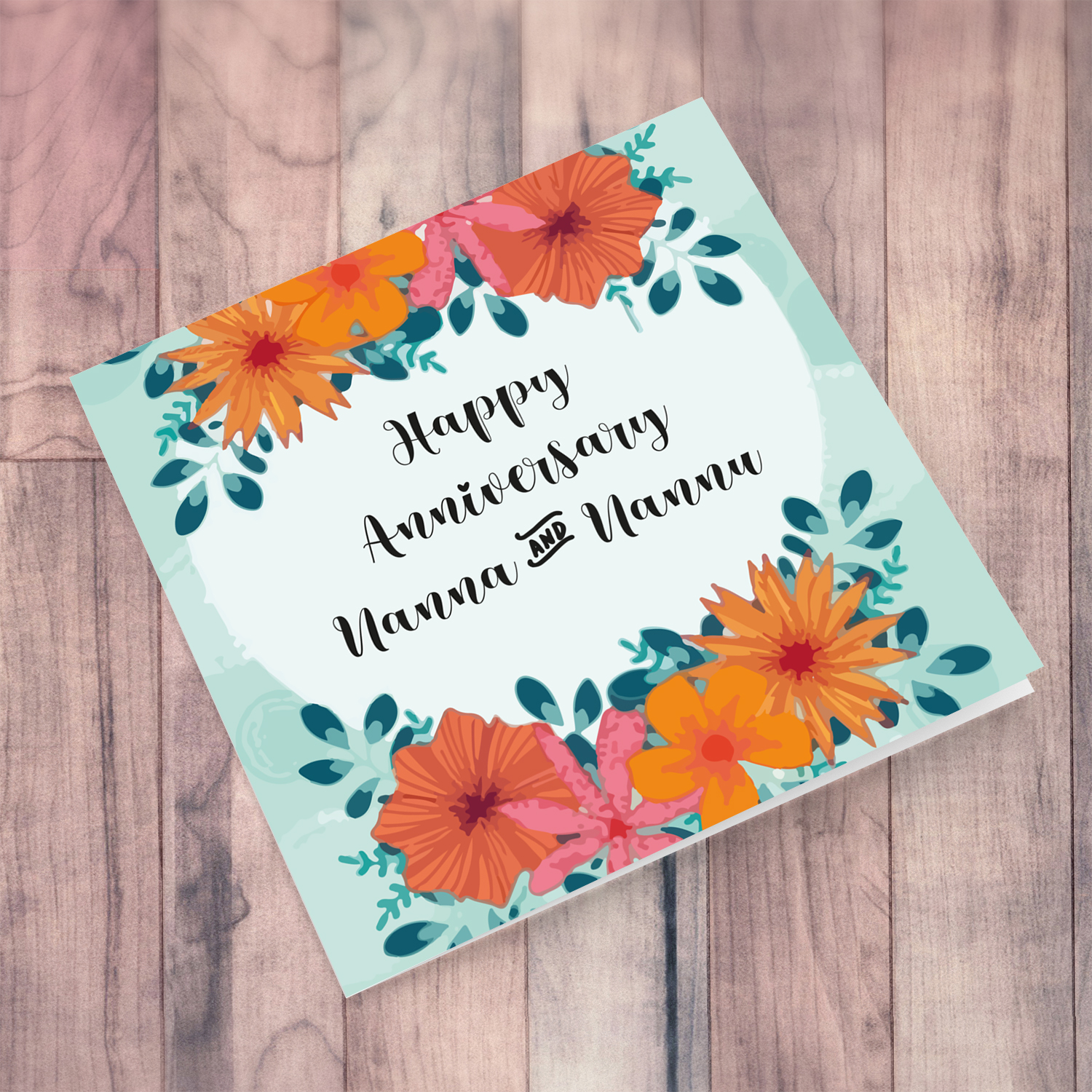 Orange flowers with pastel green background Anniversary card to Nanna and Nannu