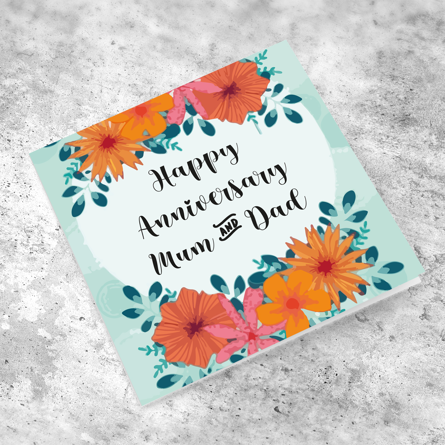 Orange flowers with pastel green background Anniversary card to Mum and Dad