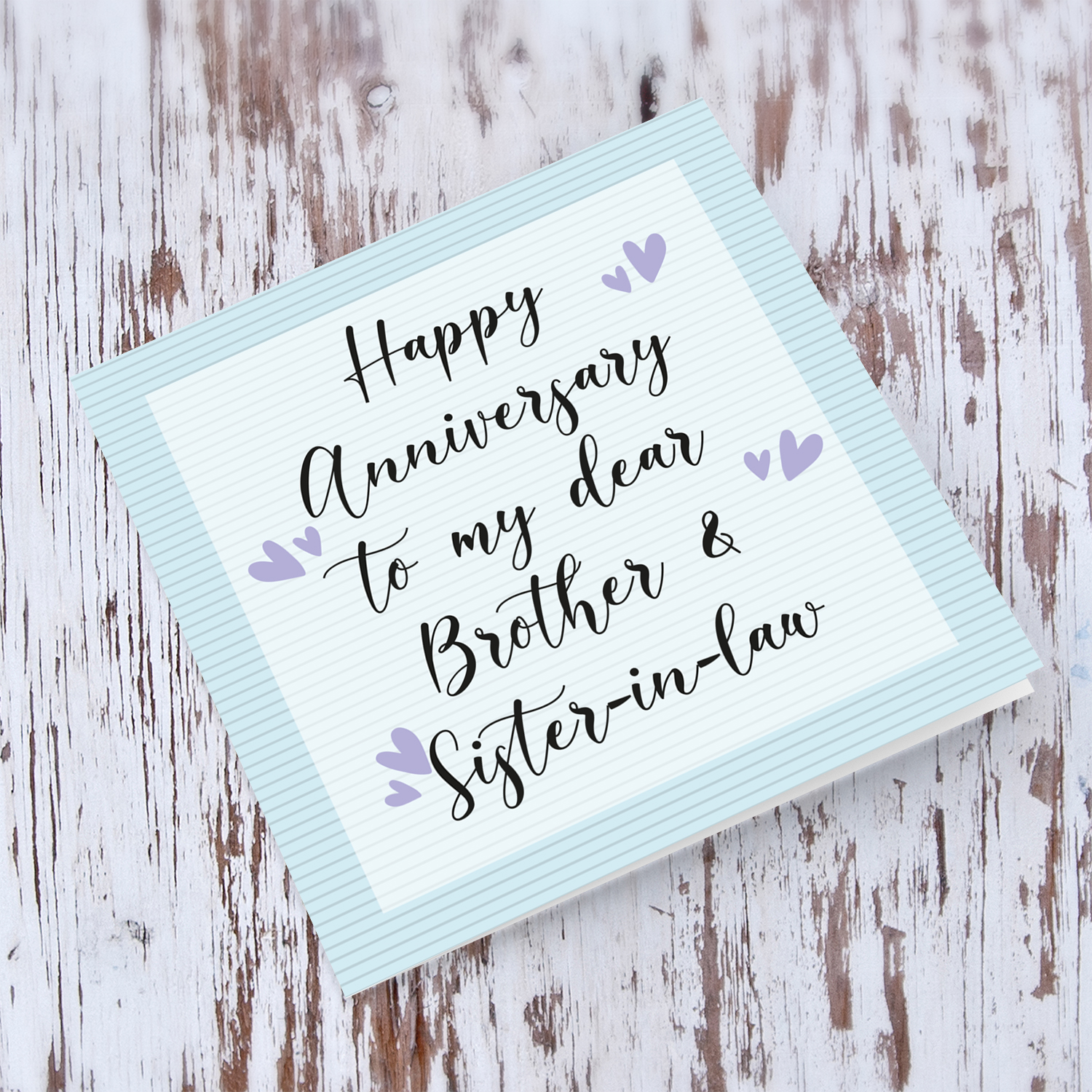Light blue background with stripes Anniversary card in English for Brother and sister in law 