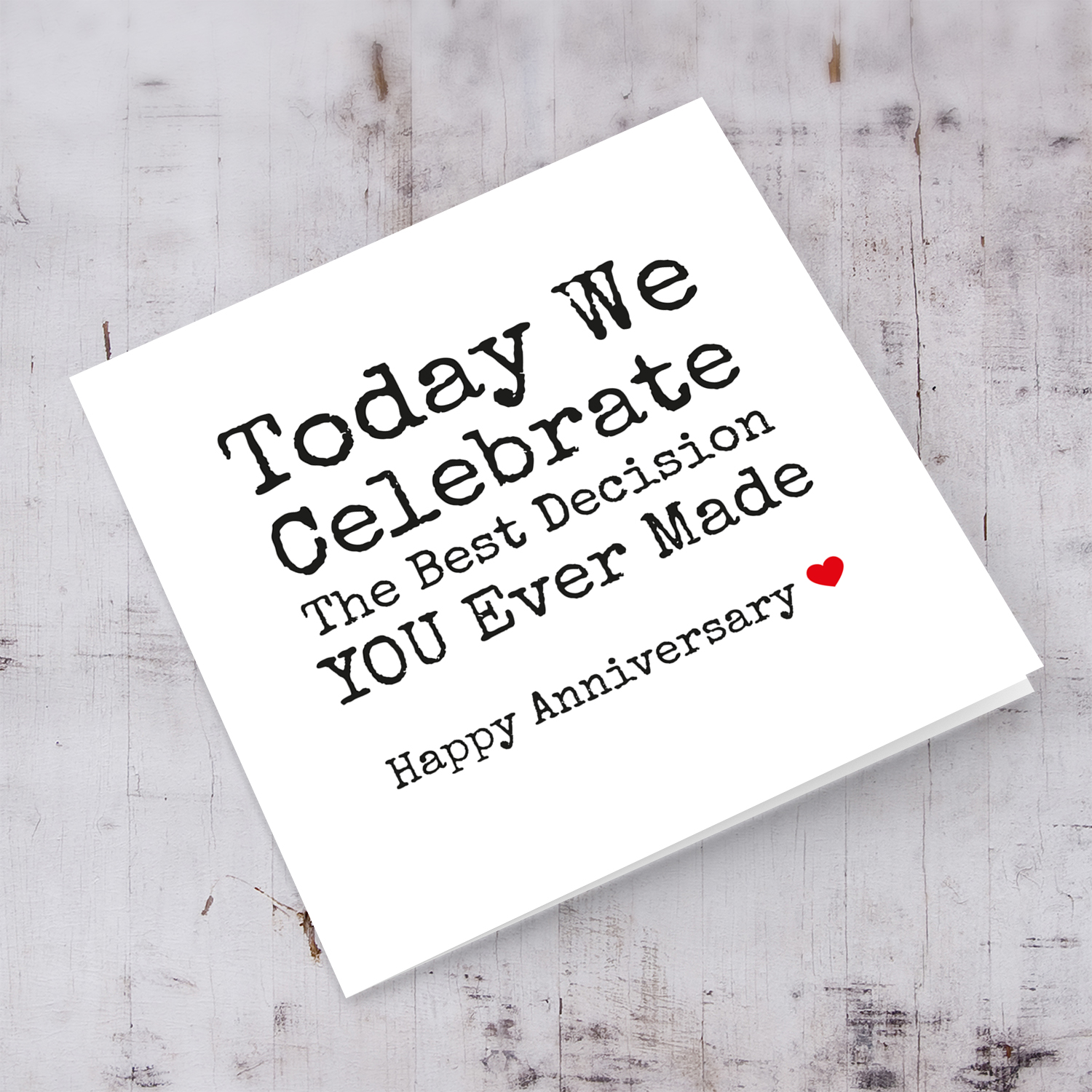 Open Anniversary card in black text with red heart in English 