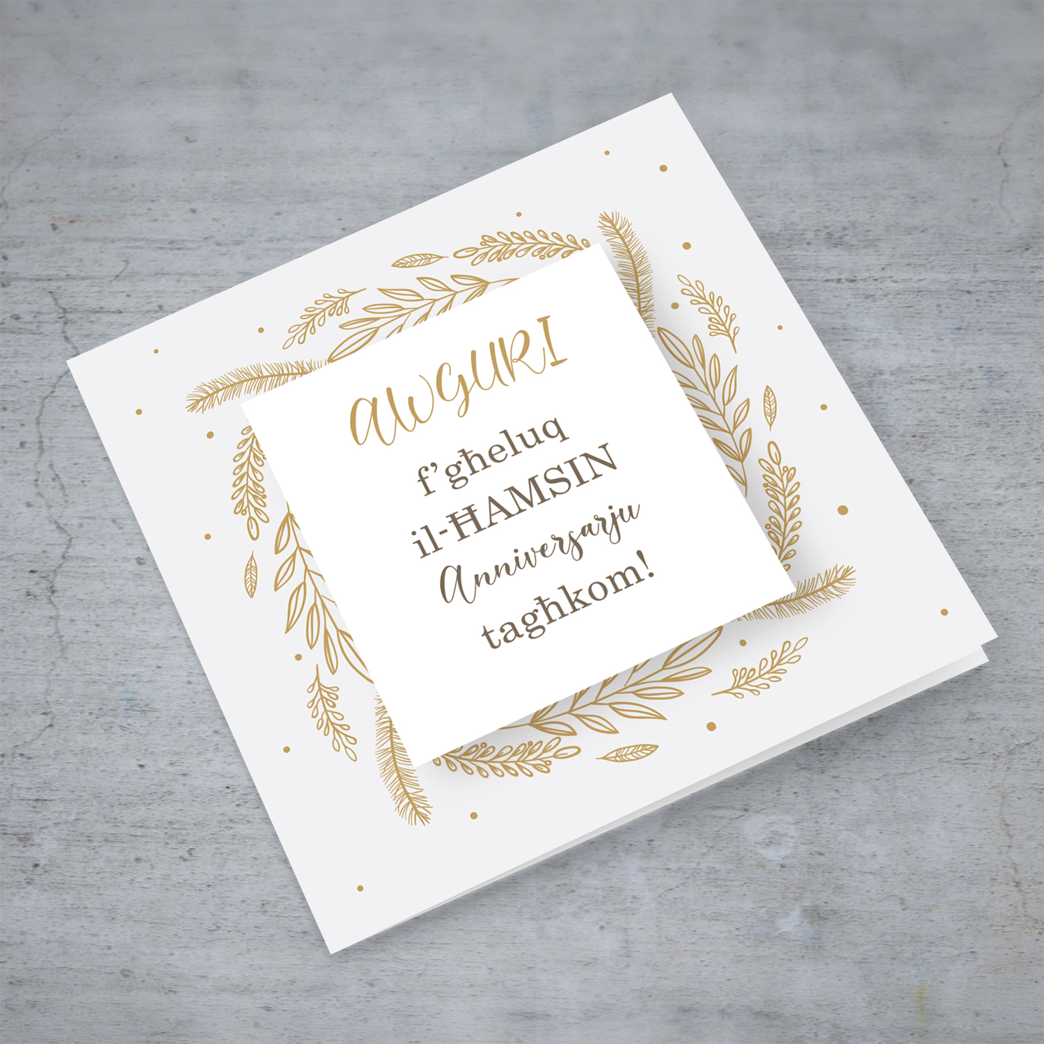 50th Wedding Anniversary card with golden leaves border in Maltese
