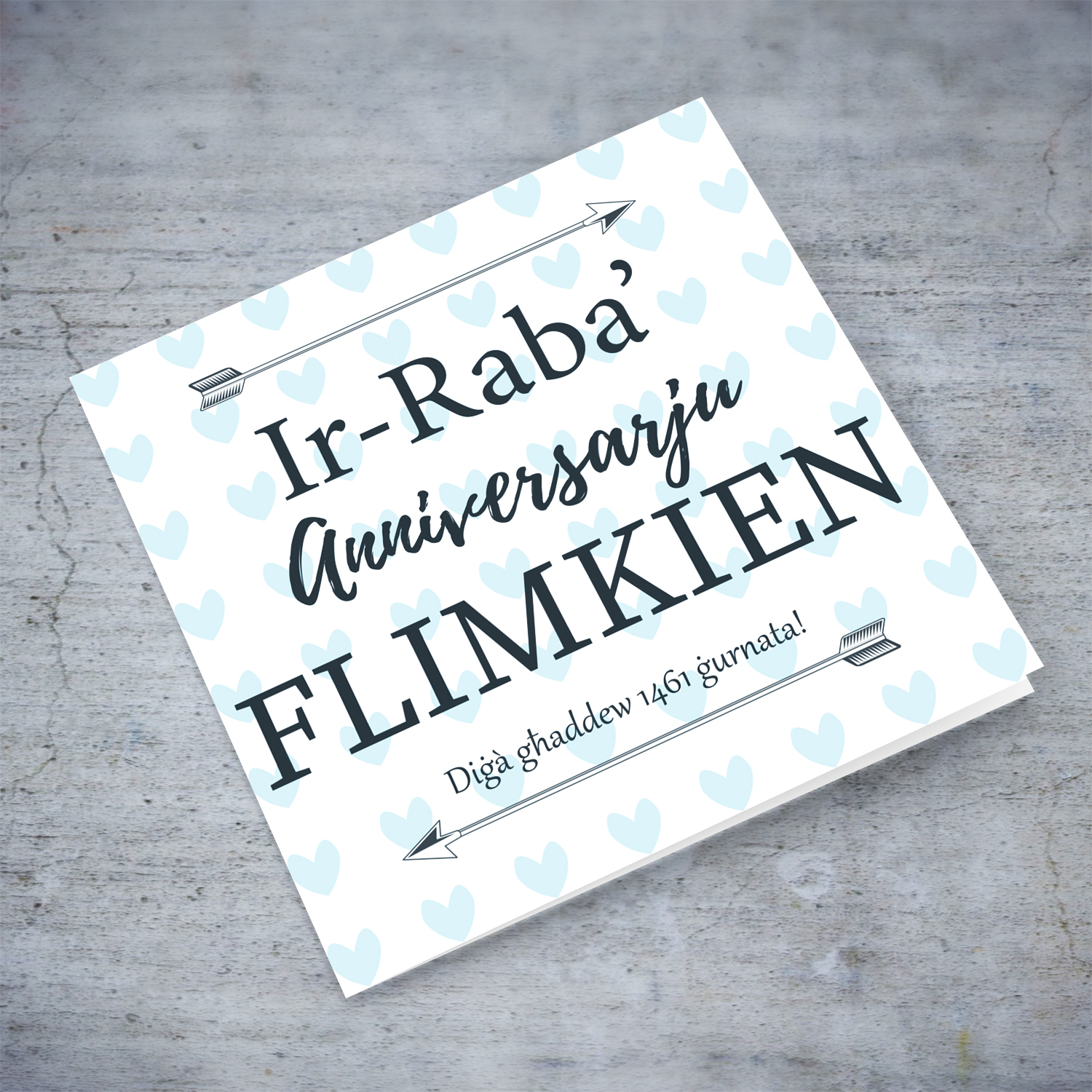 4th Anniversary card with light blue hearts background in Maltese