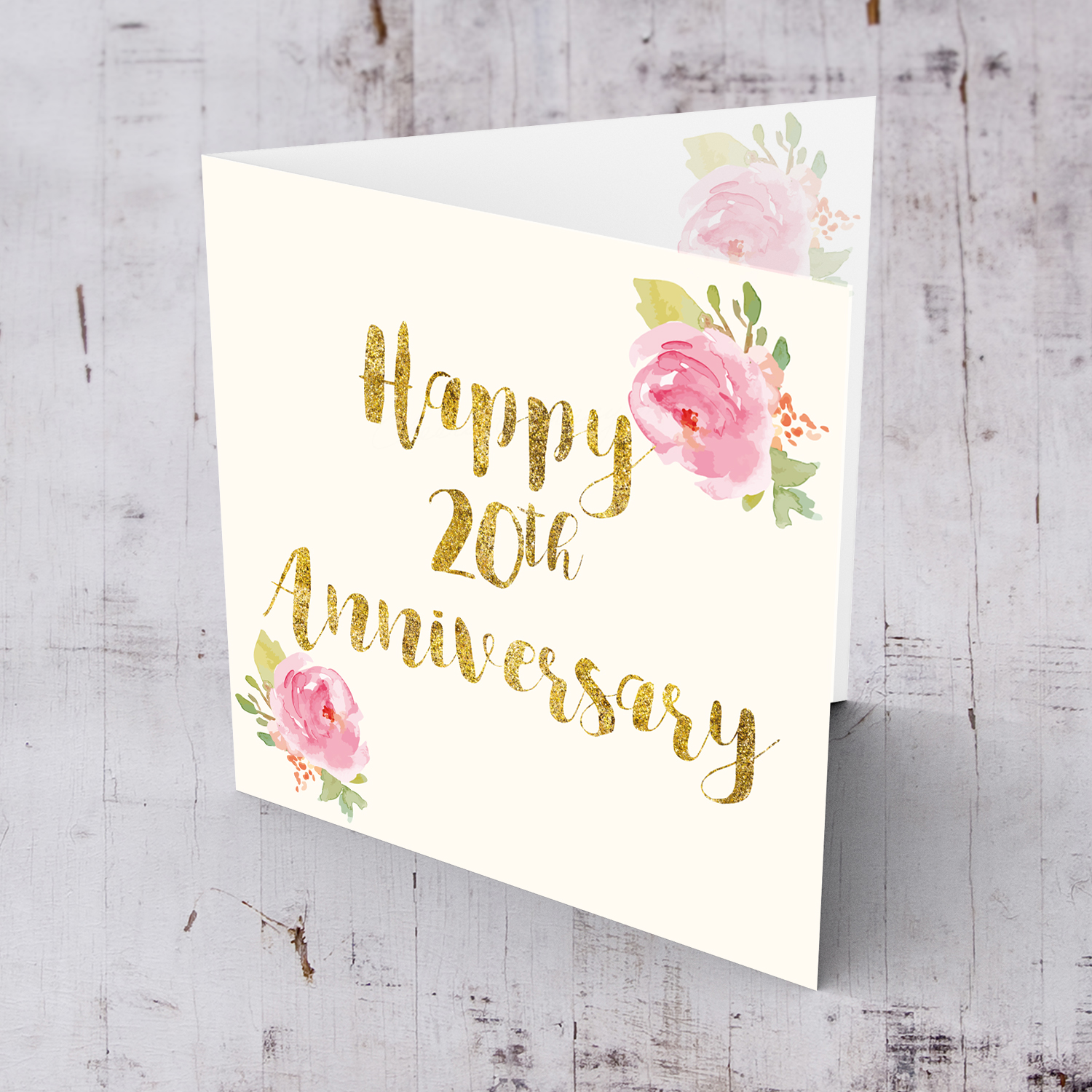 20th Anniversary golden glitter card  with pink rose floral rose in English