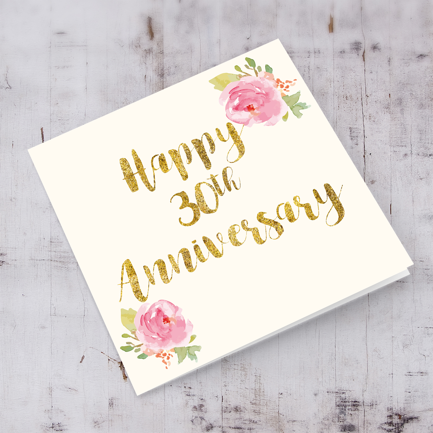 30th Anniversary golden glitter card  with pink rose floral rose in English
