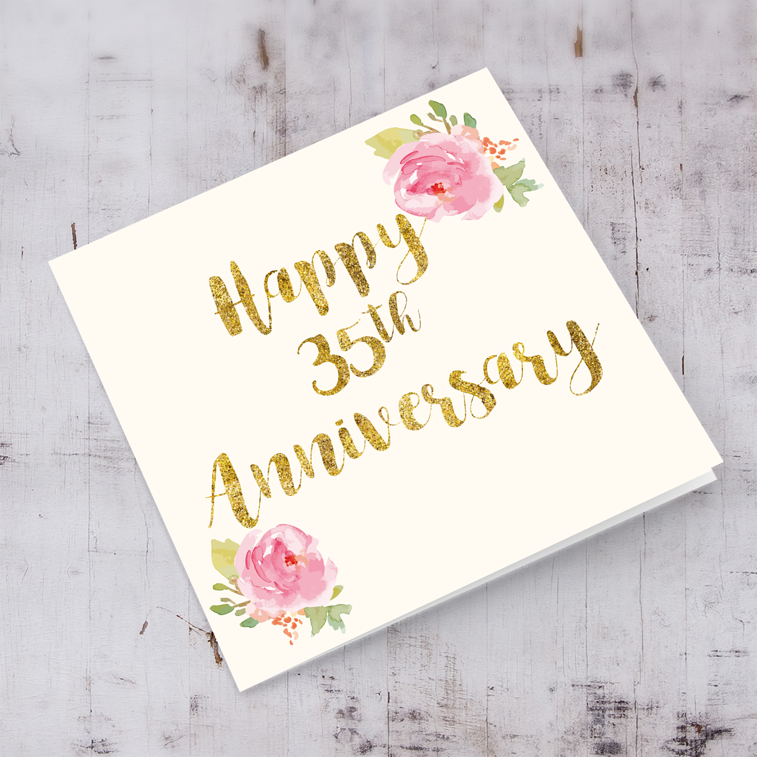 35th Anniversary golden glitter card  with pink rose floral rose in English