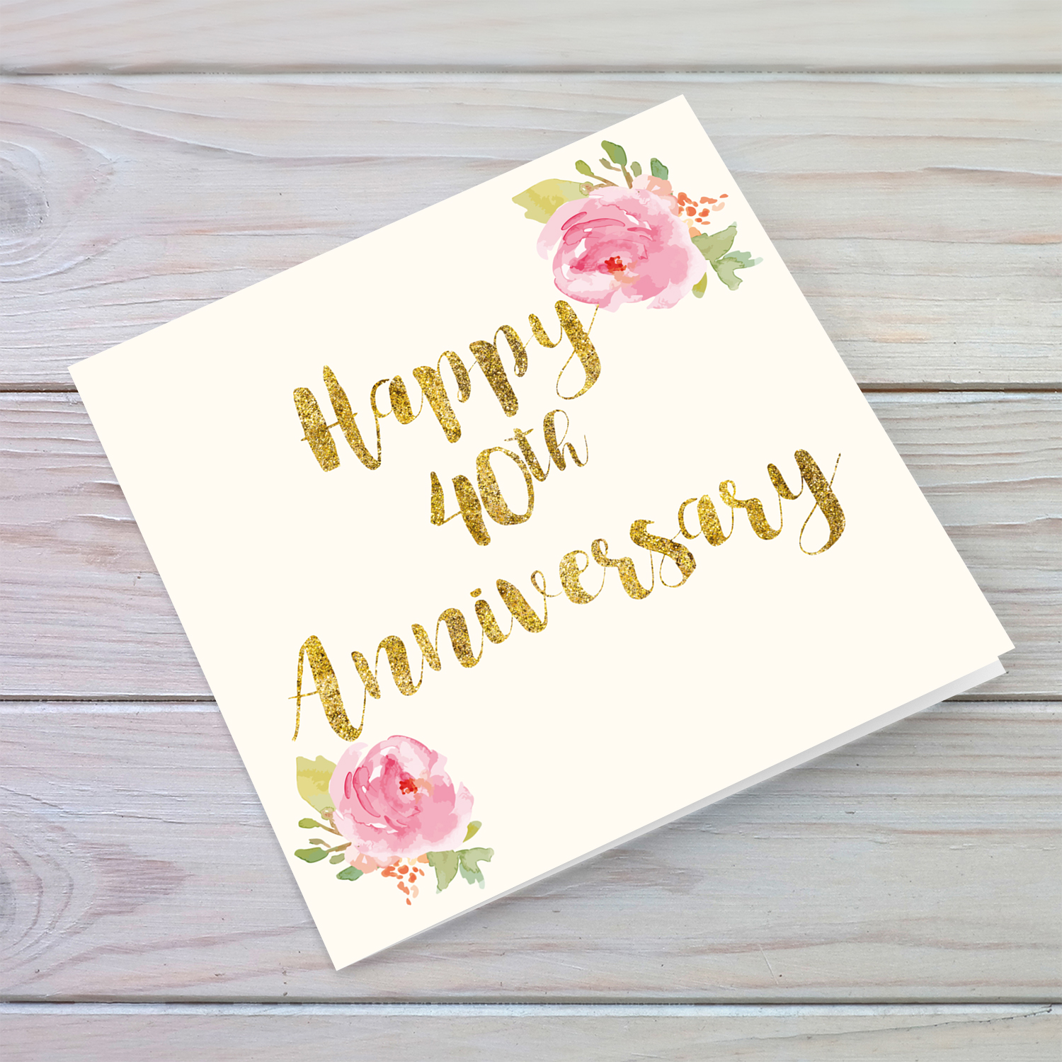40th Anniversary golden glitter card  with pink rose floral rose in English 