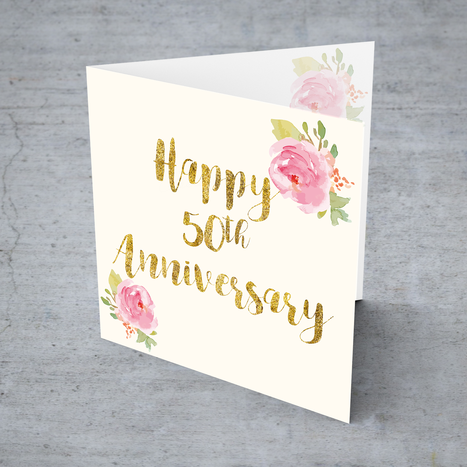 50th Anniversary golden glitter card  with pink rose floral rose in English