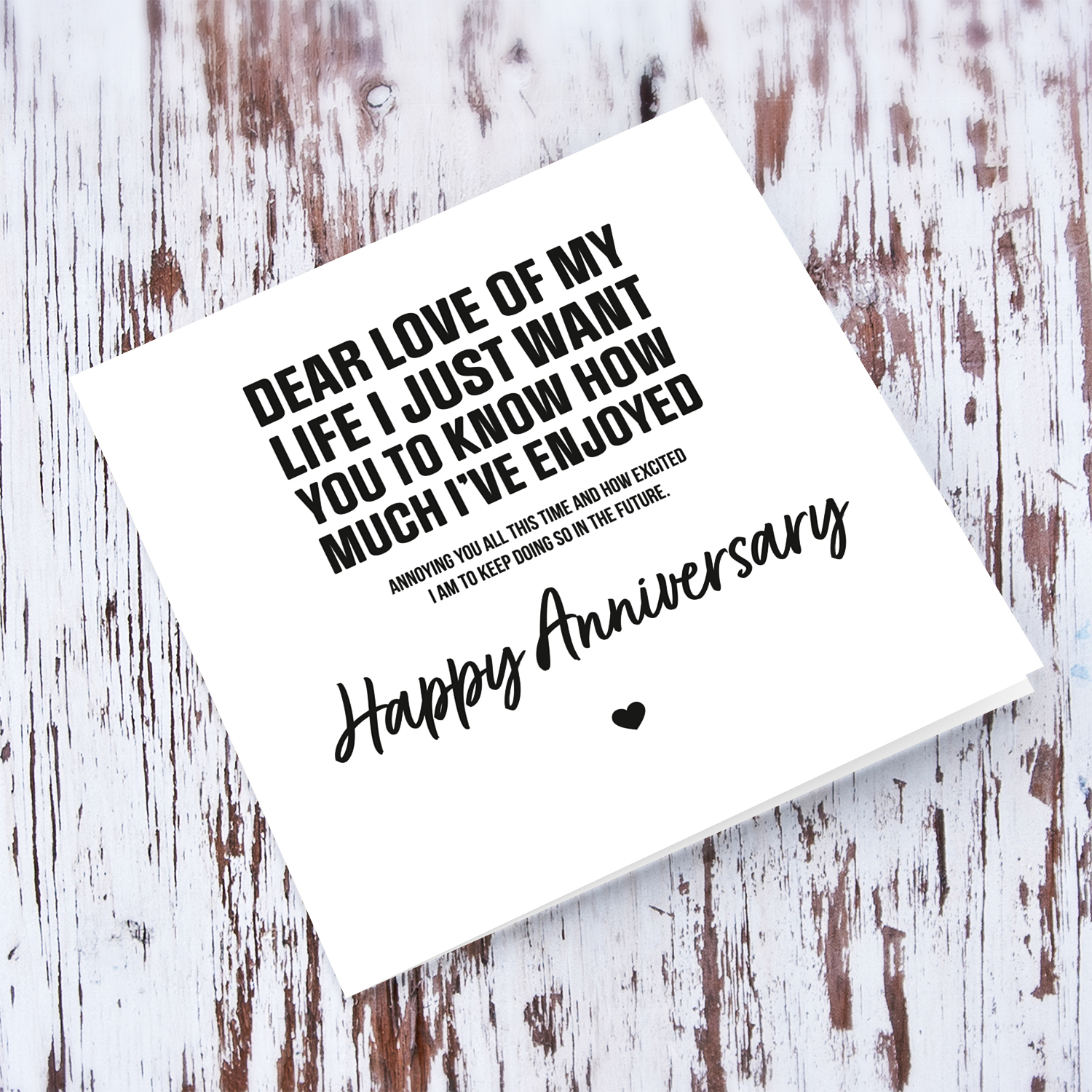 Funny minimalist anniversary card in black text in English (Unisex)