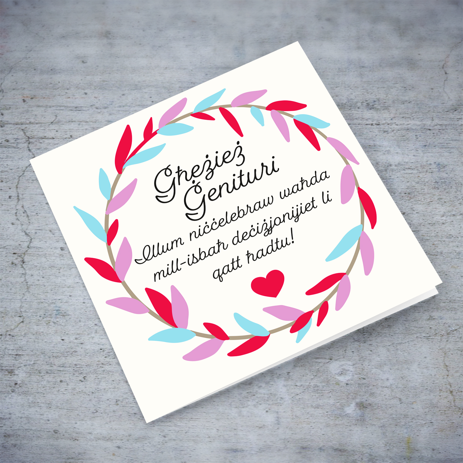Colourful leaf wreath wedding anniversary card for parents in Maltese