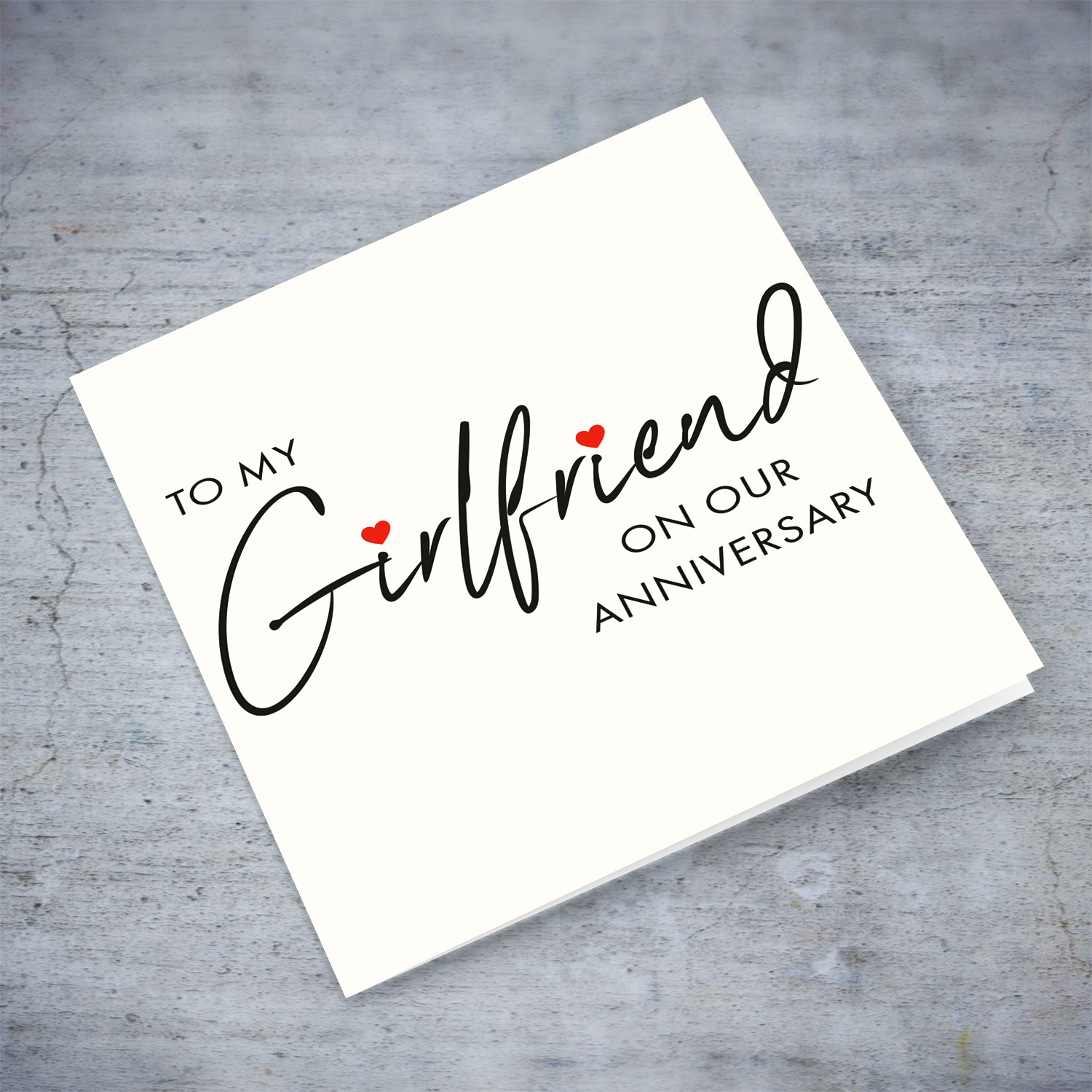 Minimalist anniversary card for girlfriend with red hearts in English