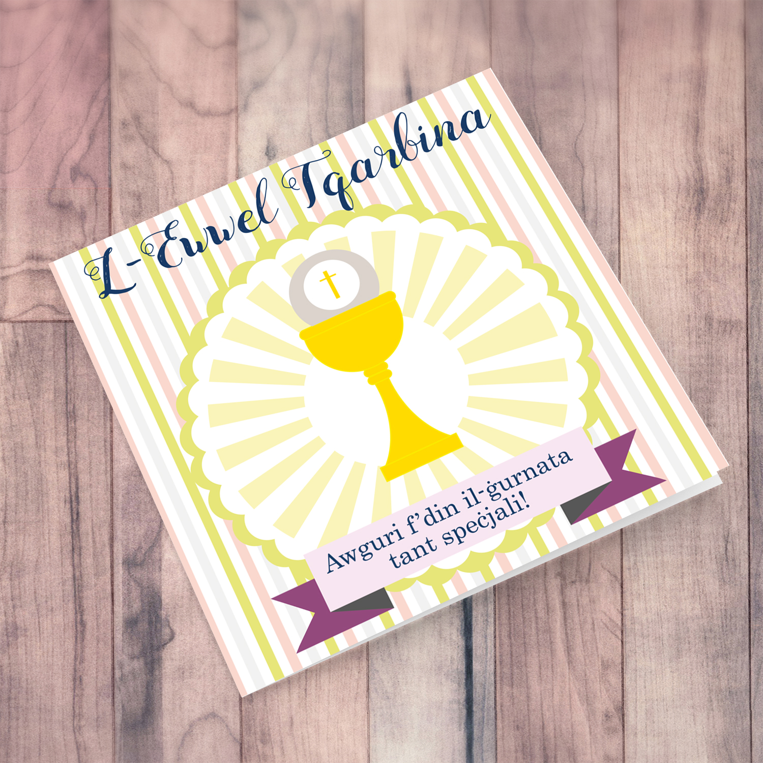 Striped background Holy Communion card in Maltese for  Girls
