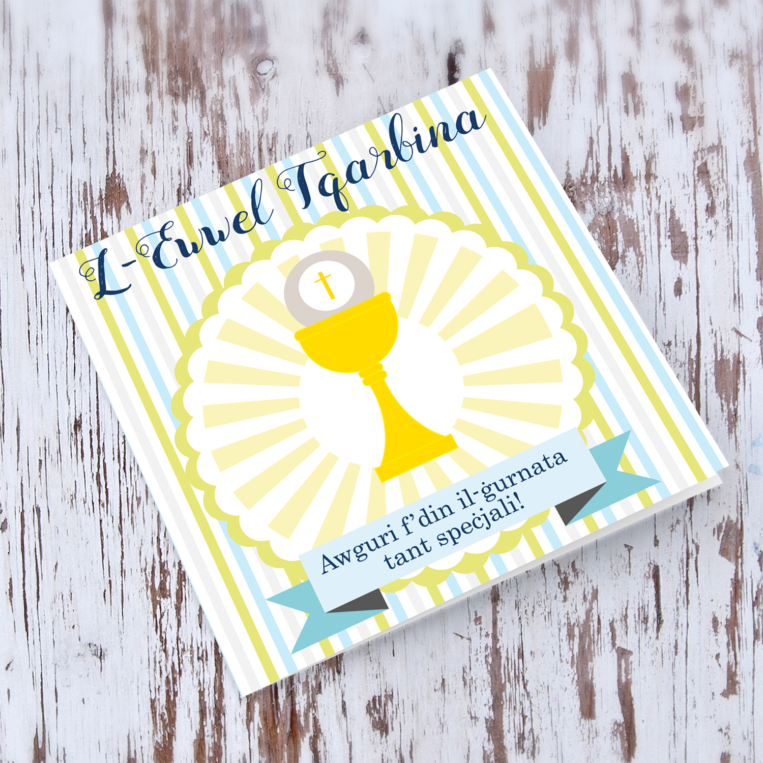 Striped background Holy Communion card in Maltese for  Boys