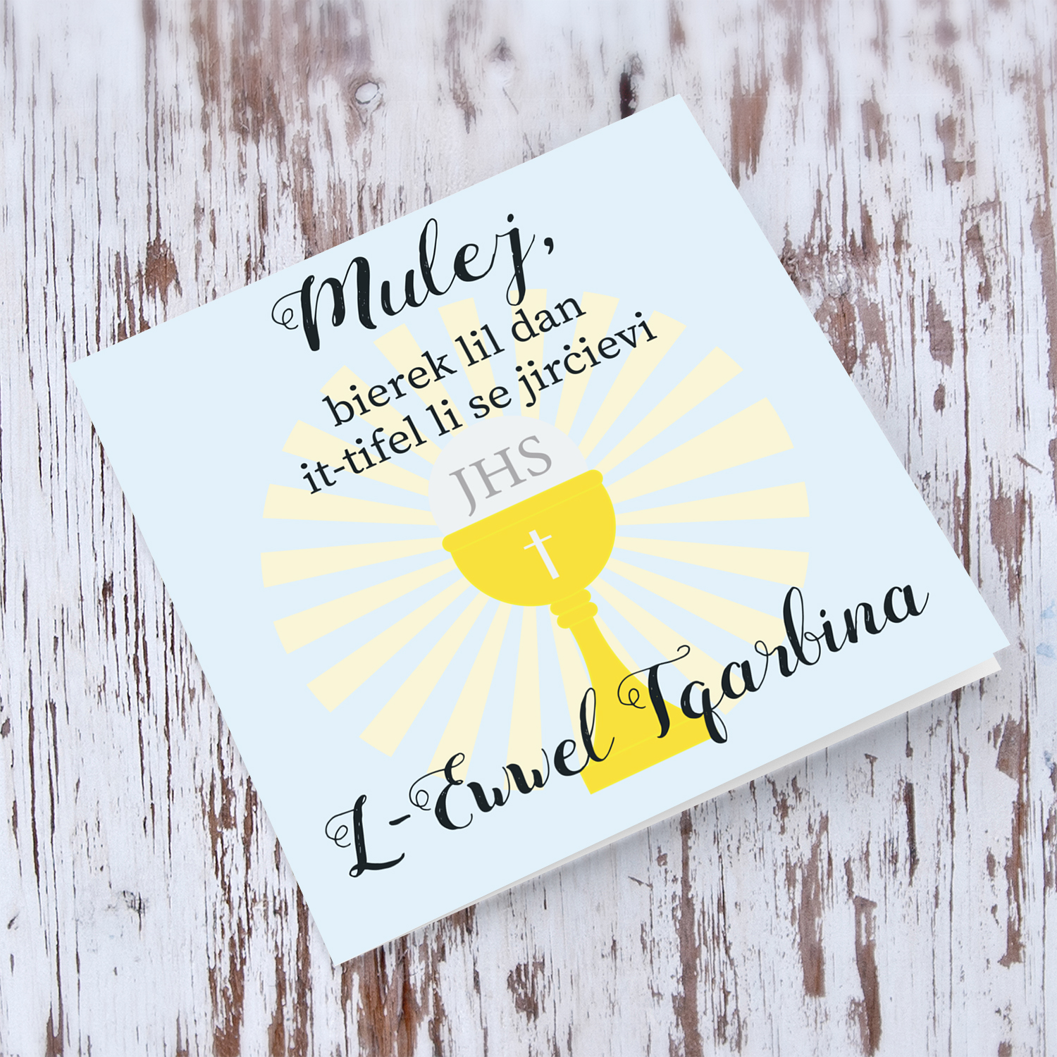 Pastel blue background Holy Communion Card for boys in Maltese