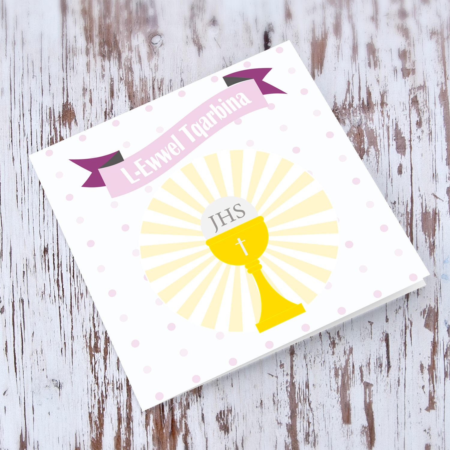 Light Pink dot background holy communion card for girls in Maltese
