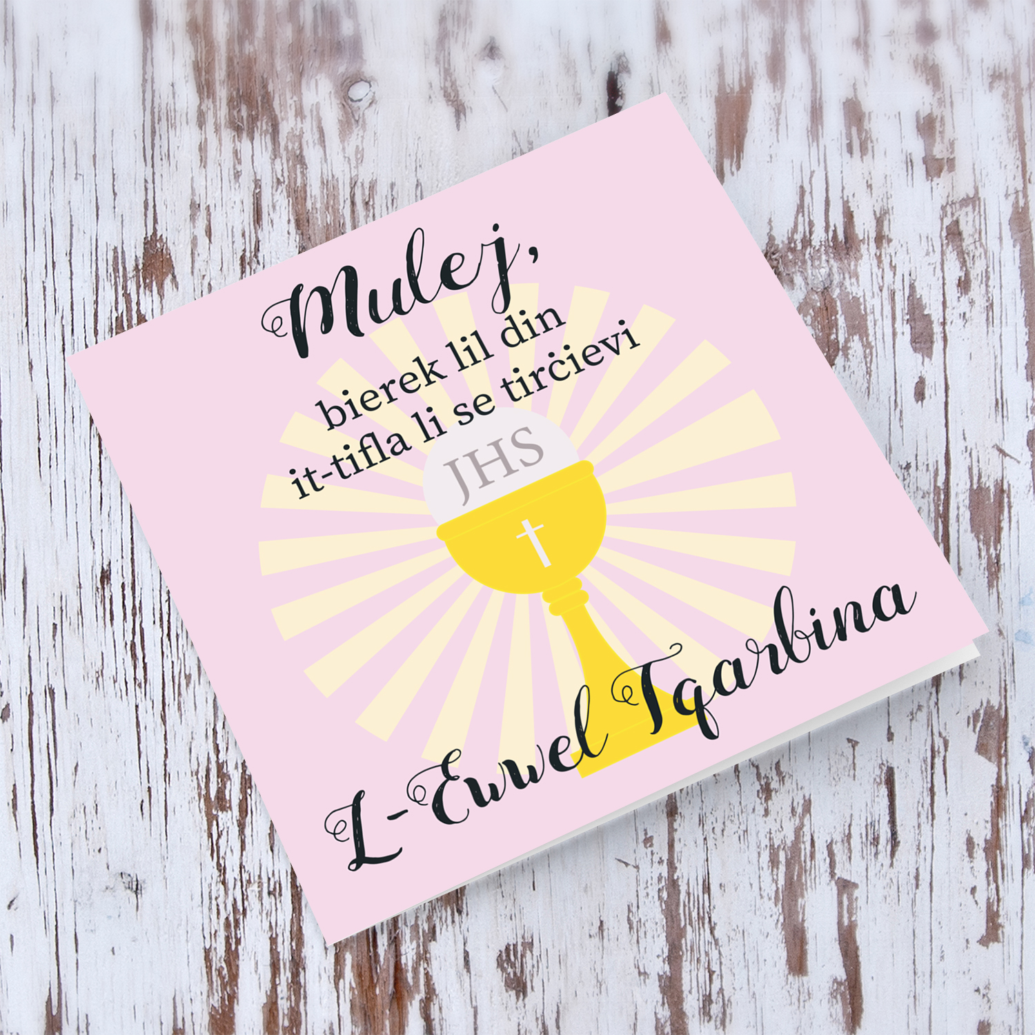 Pastel pink background Holy Communion Card for girls in Maltese