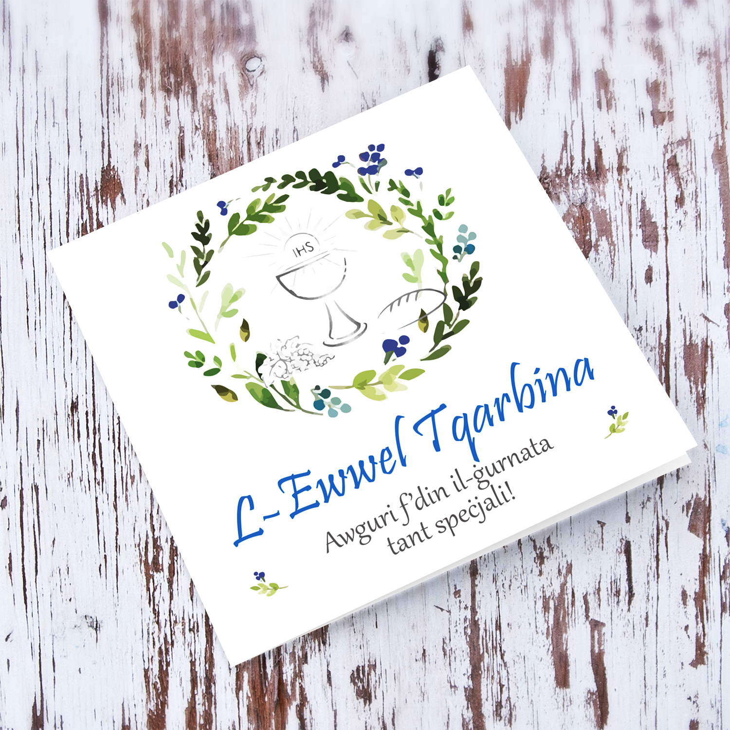 Floral wreath in blue tones Holy Communion Card in Maltese for boys