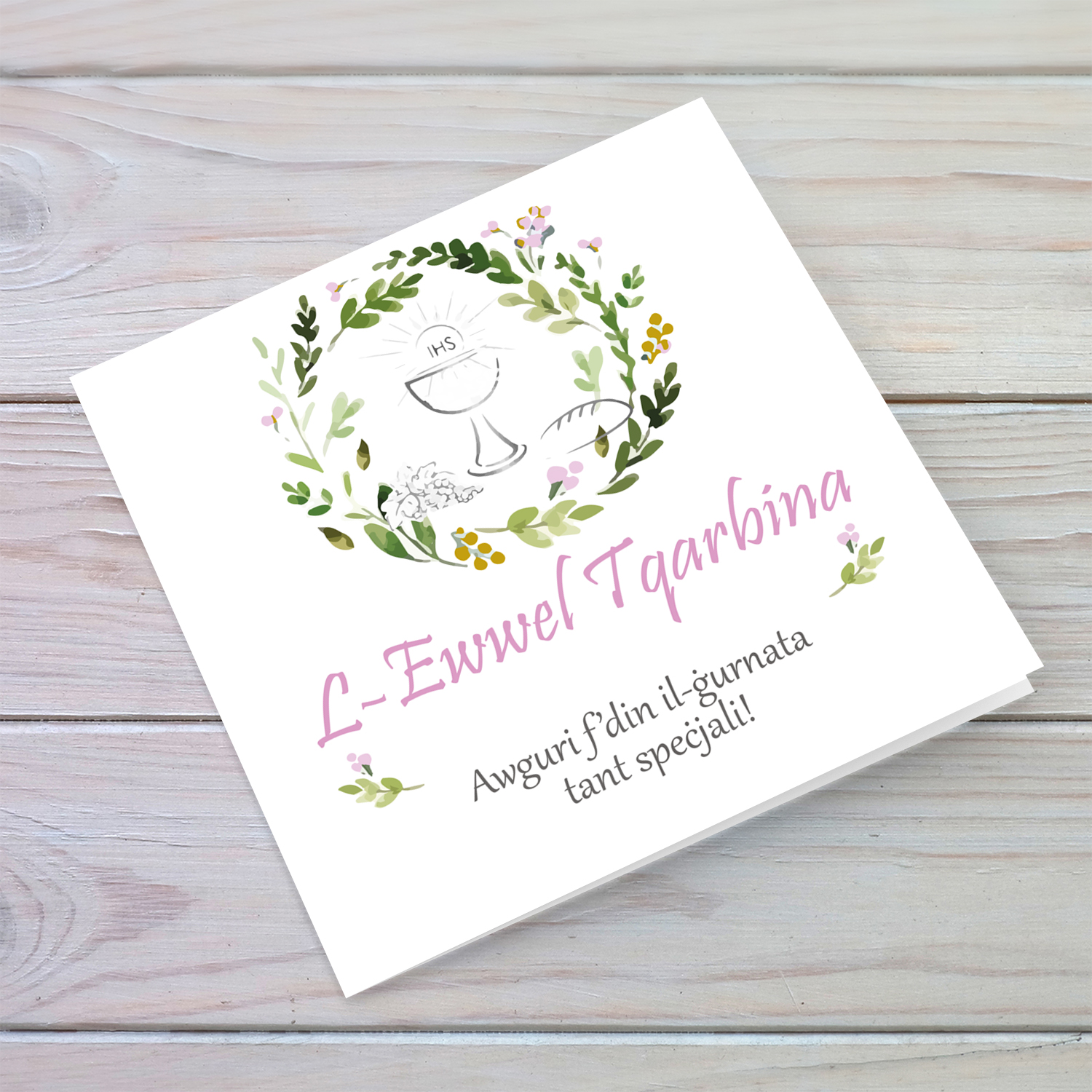 Floral wreath in pink tones Holy Communion Card in Maltese for girls