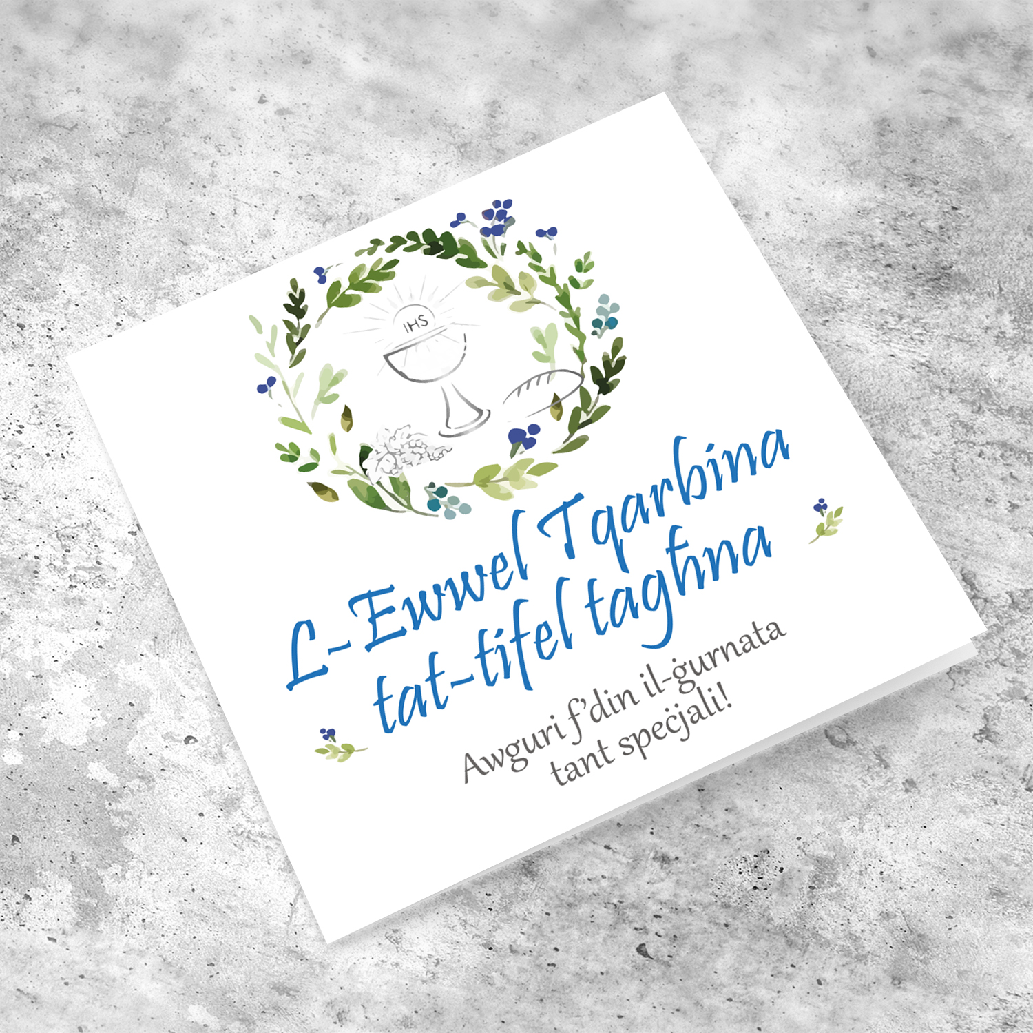 Son Holy Communion Card in blue toned wreath in Maltese