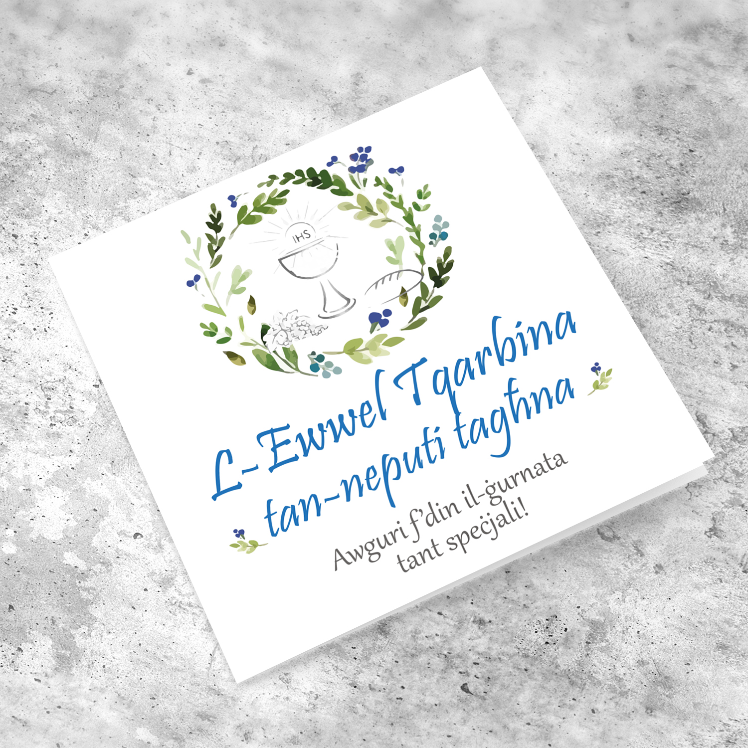 Nephew - Floral wreath in blue tones Holy Communion Card for Nephew in Maltese 