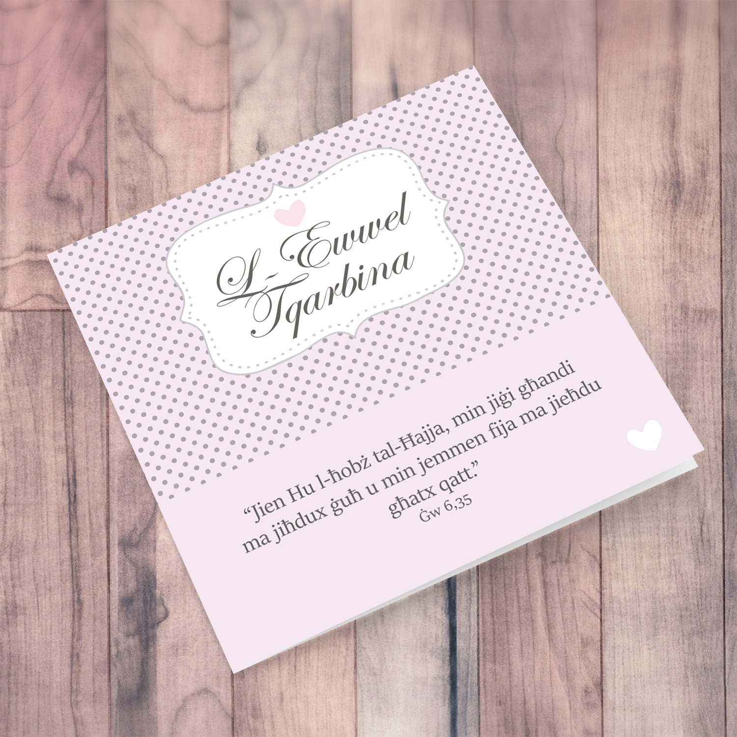 Polka dot with pink background Holy Communion Card in Maltese for Girl