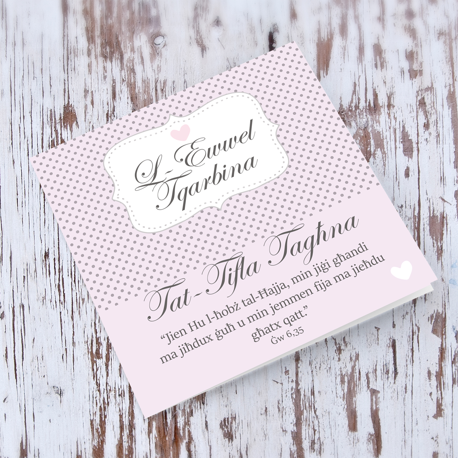 Daughter Holy Communion Card with polka dot and pink background in Maltese