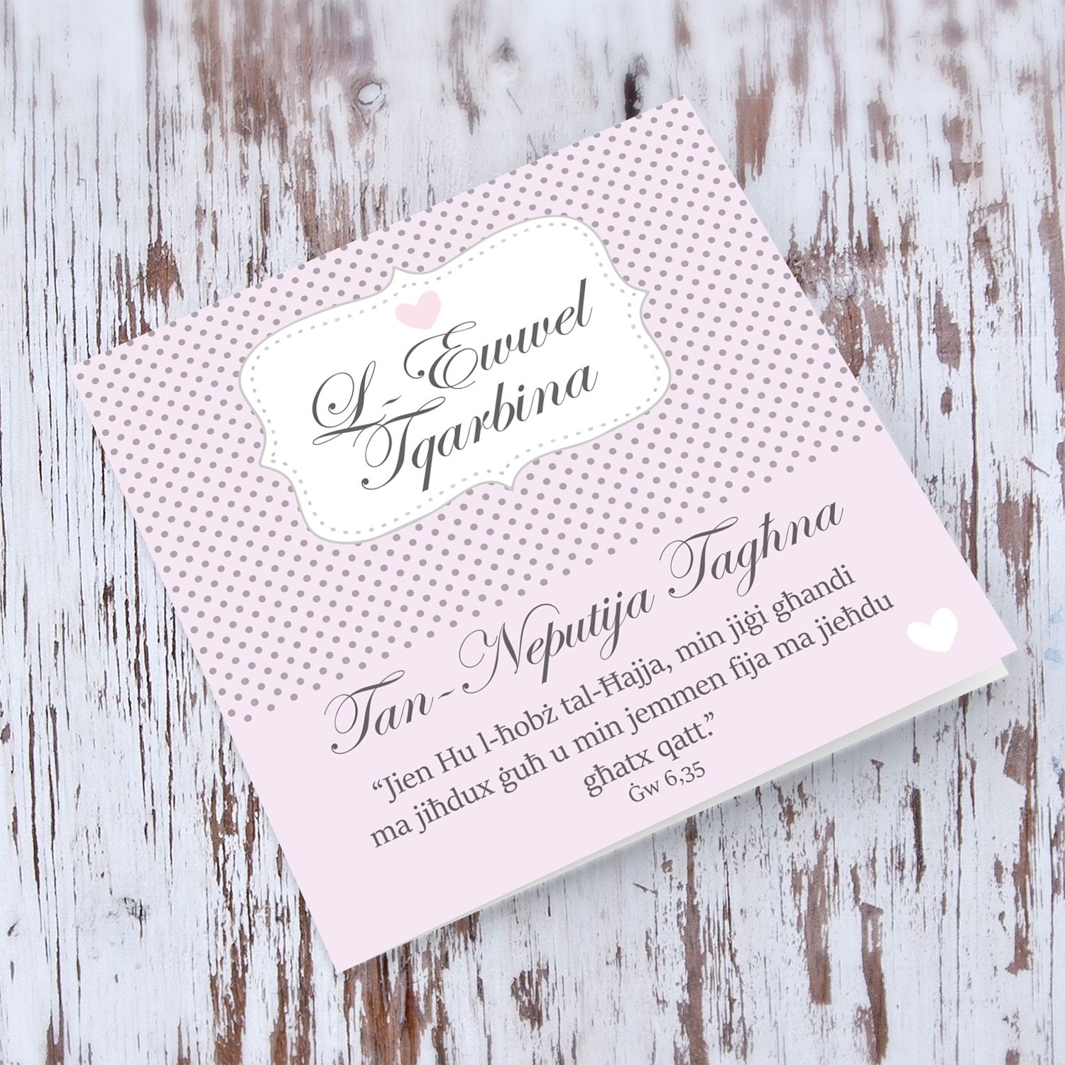 Niece - Polka dot with pink background Holy Communion Card in Maltese for Niece