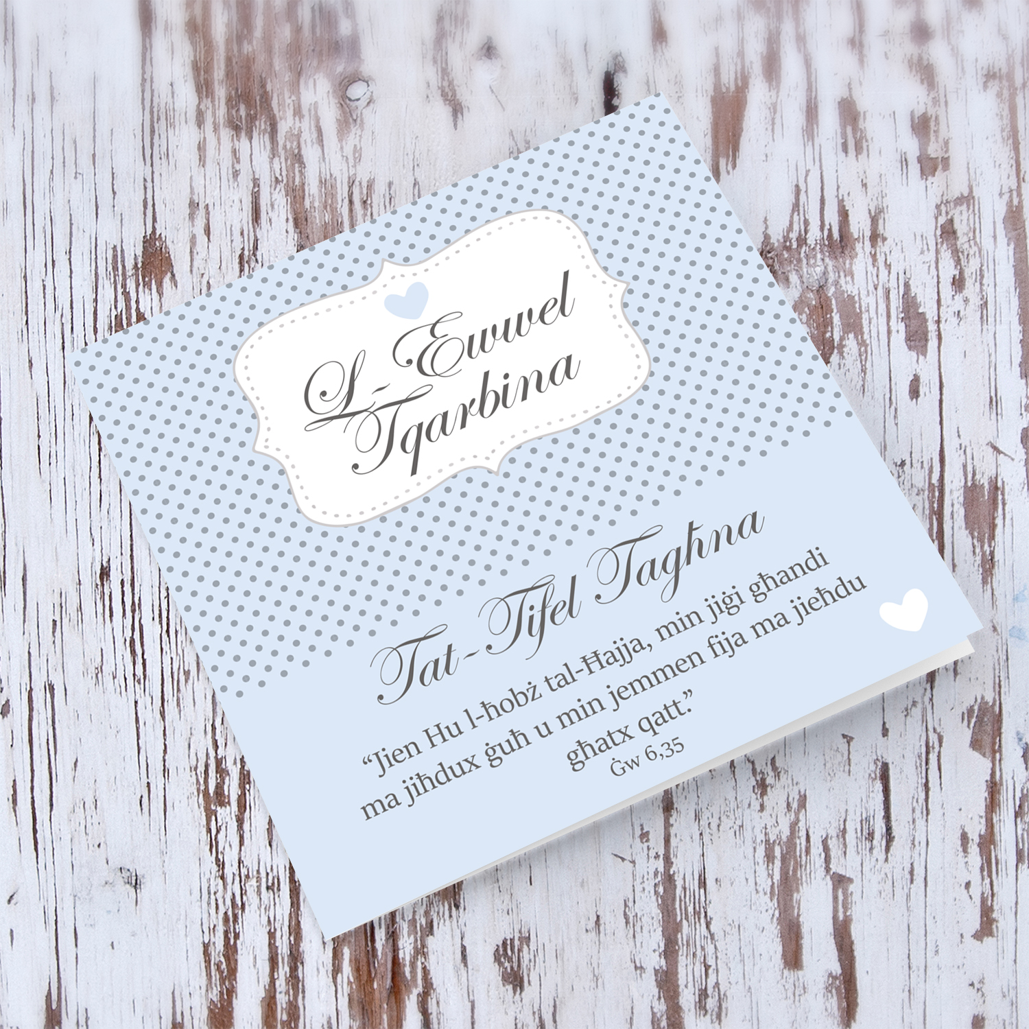 Son - Blue polka dot Holy Communion Card for Son in Maltese
