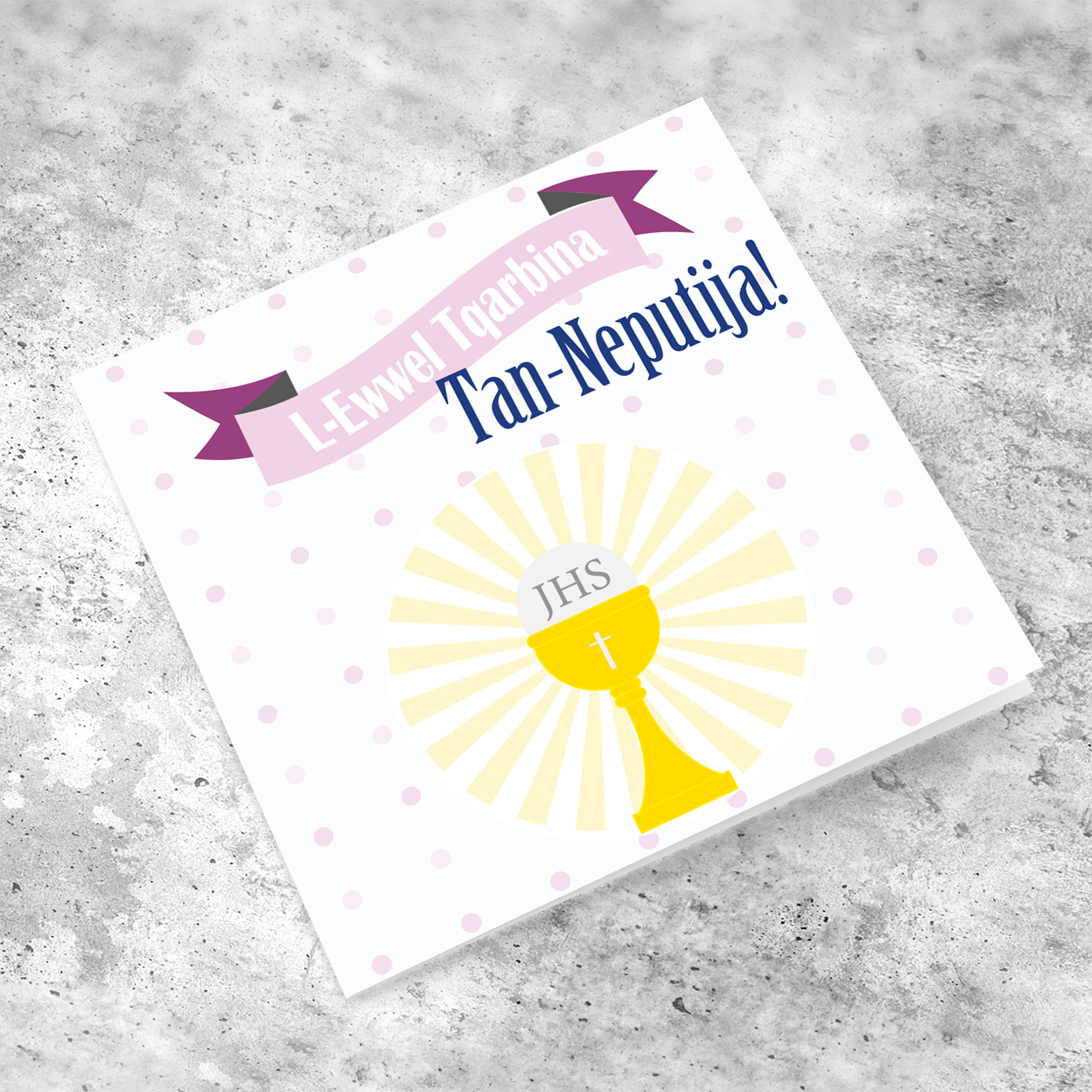 Niece - Holy Communion Card for Niece with pink polka dot background in Maltese
