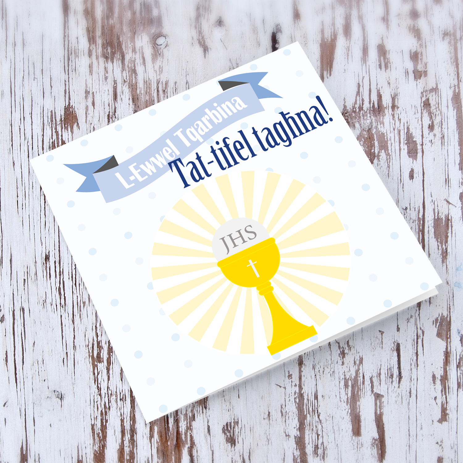 Son- Blue polka dot Holy Communion Card for Son in Maltese