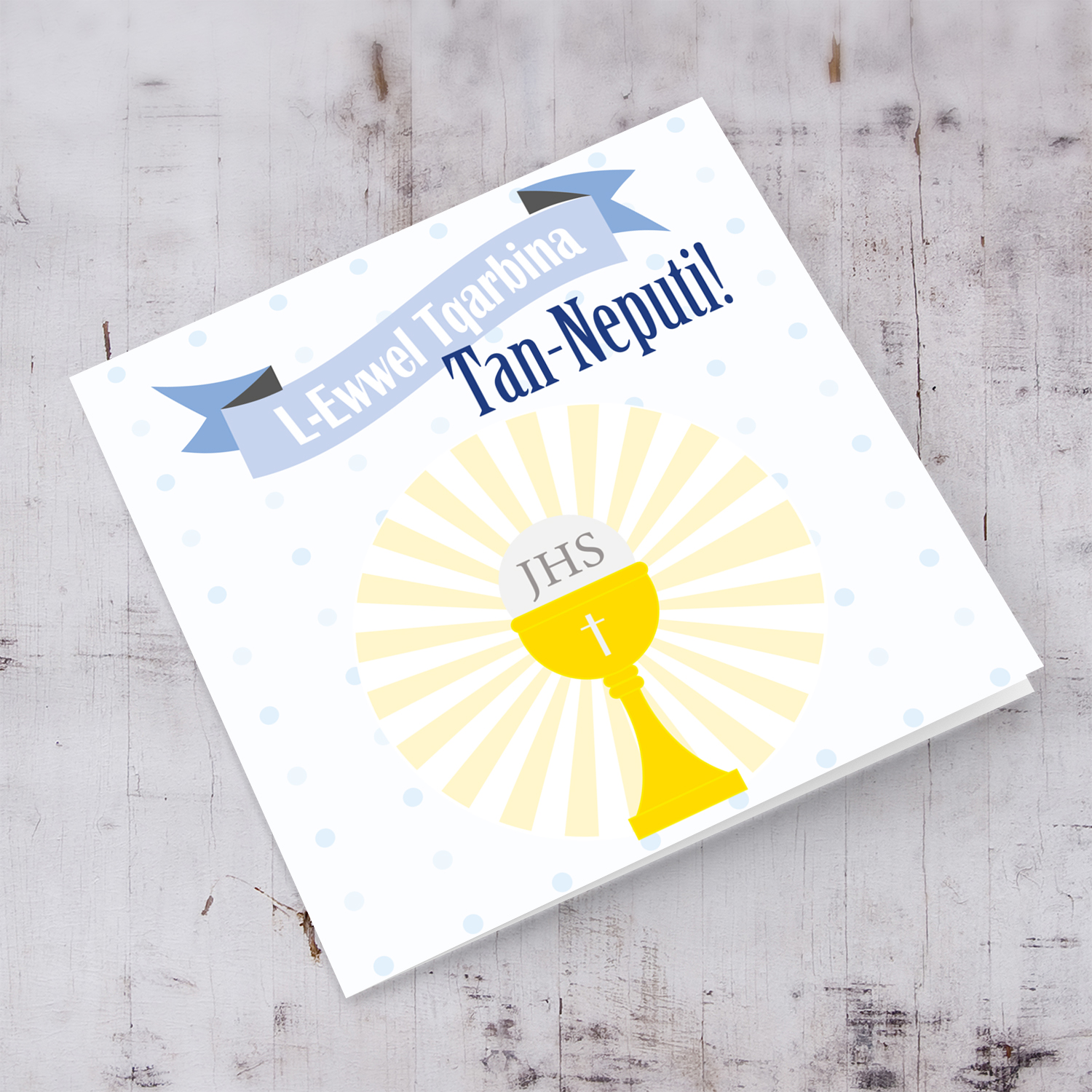 Nephew - Blue polka dot Holy Communion Card for Nephew in Maltese