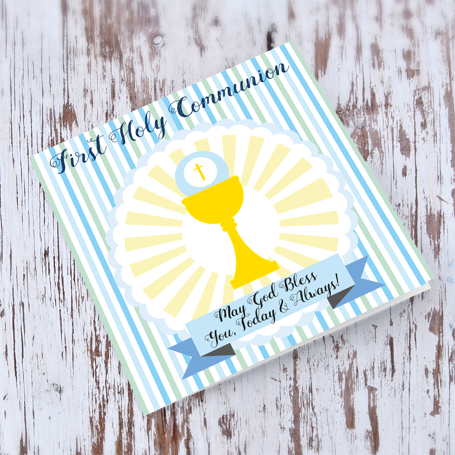 Blue and green striped Holy Communion Card in English for Boys