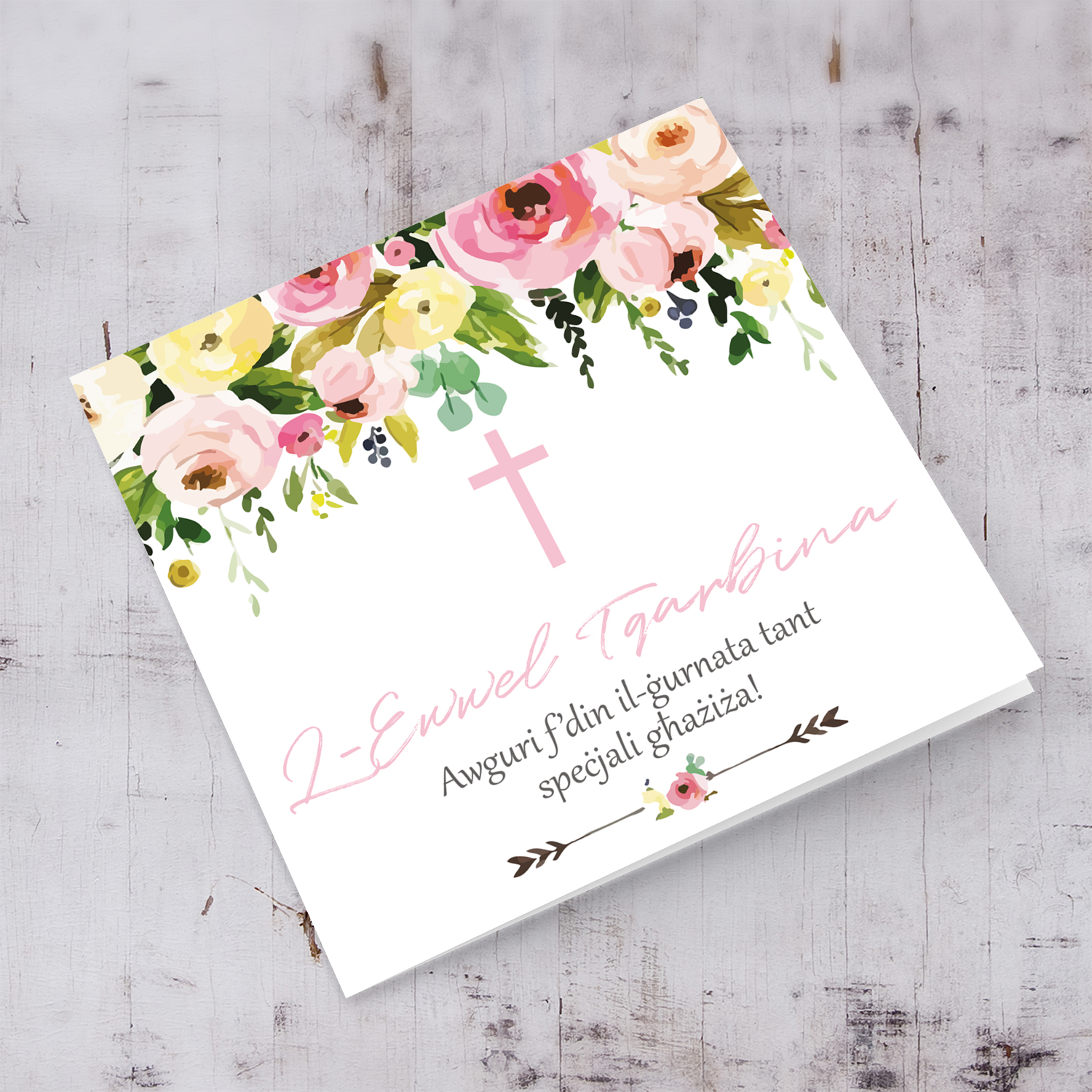 Floral themed Holy Communion Card with pink cross in Maltese