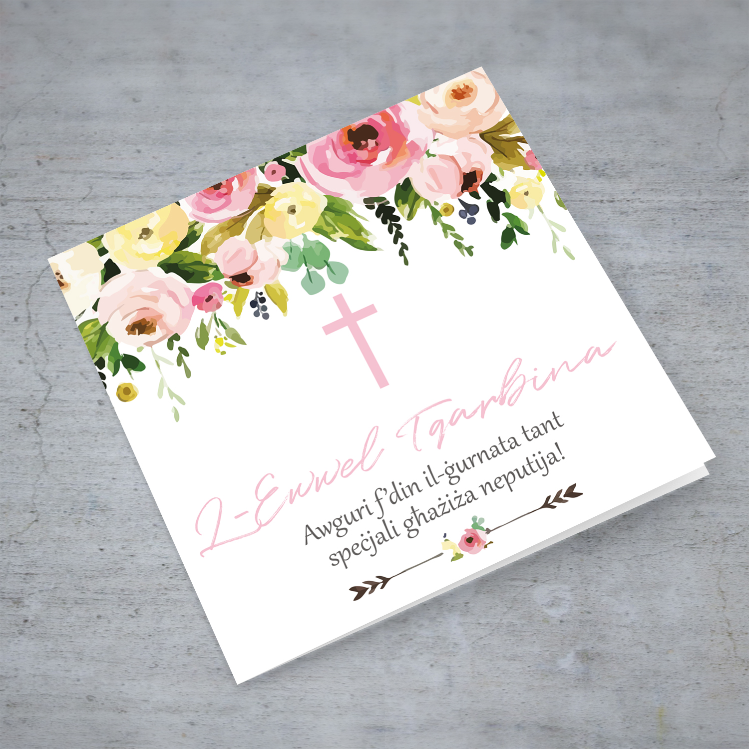 Floral themed Holy Communion Card with pink cross in Maltese for Niece